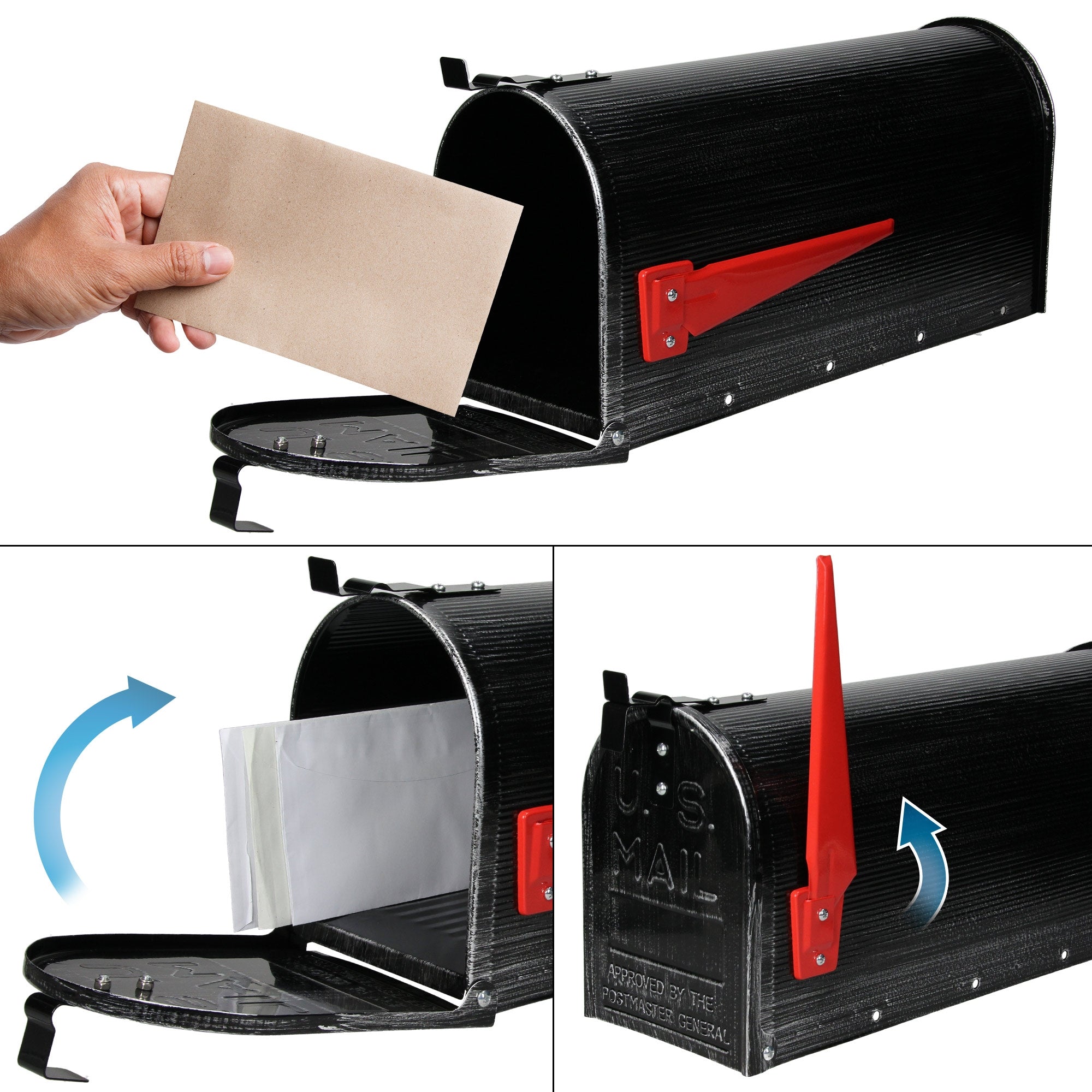 Buzón negro con palanca roja y carta en su interior.