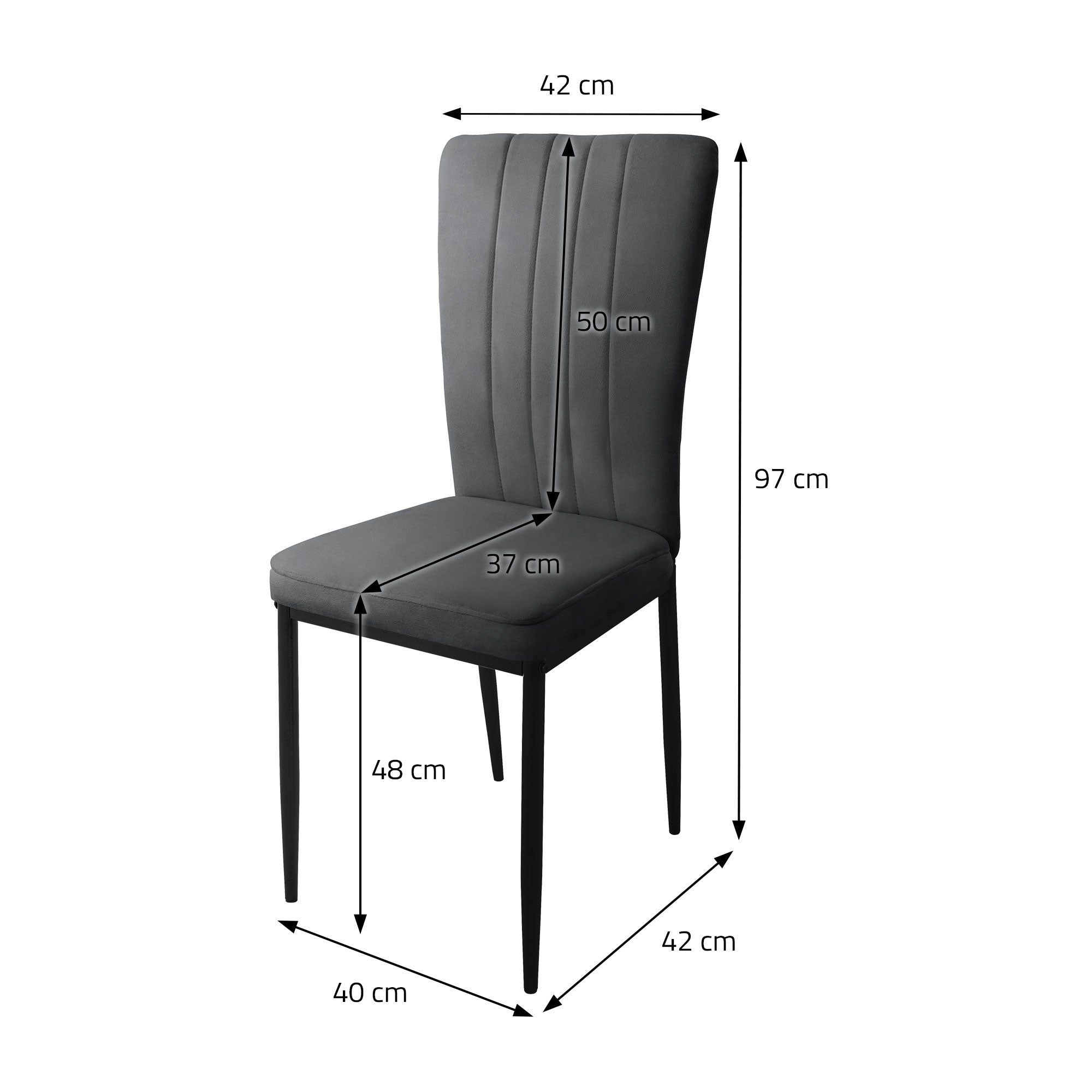 Sedia grigia con dimensioni: altezza 97 cm, larghezza 42 cm, profondità 40 cm.