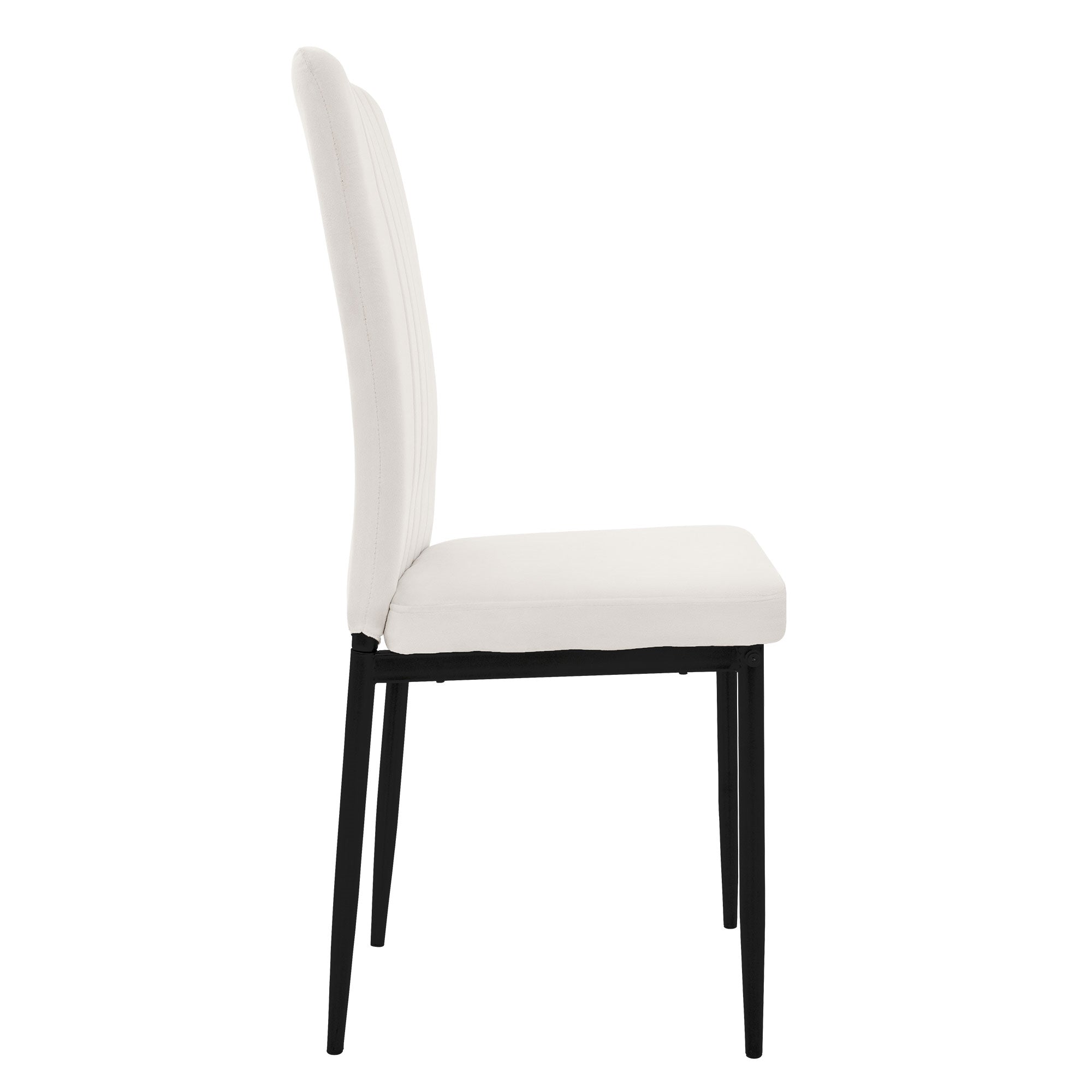 Vista lateral de una silla blanca con asiento acolchado.