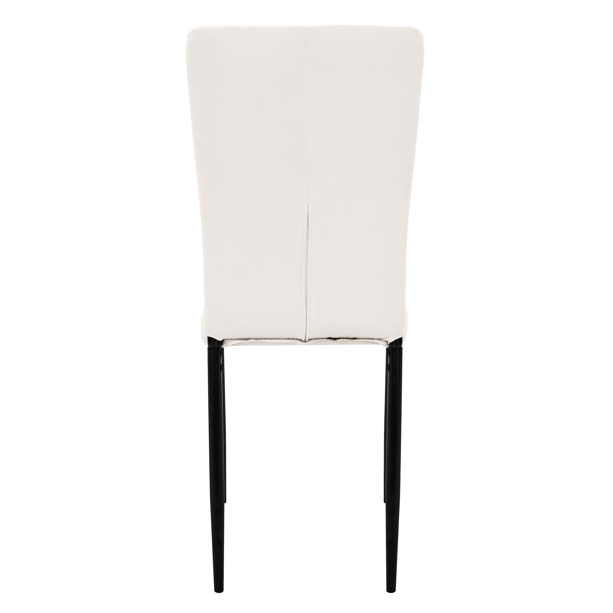 Vista trasera de una silla blanca con estructura negra.