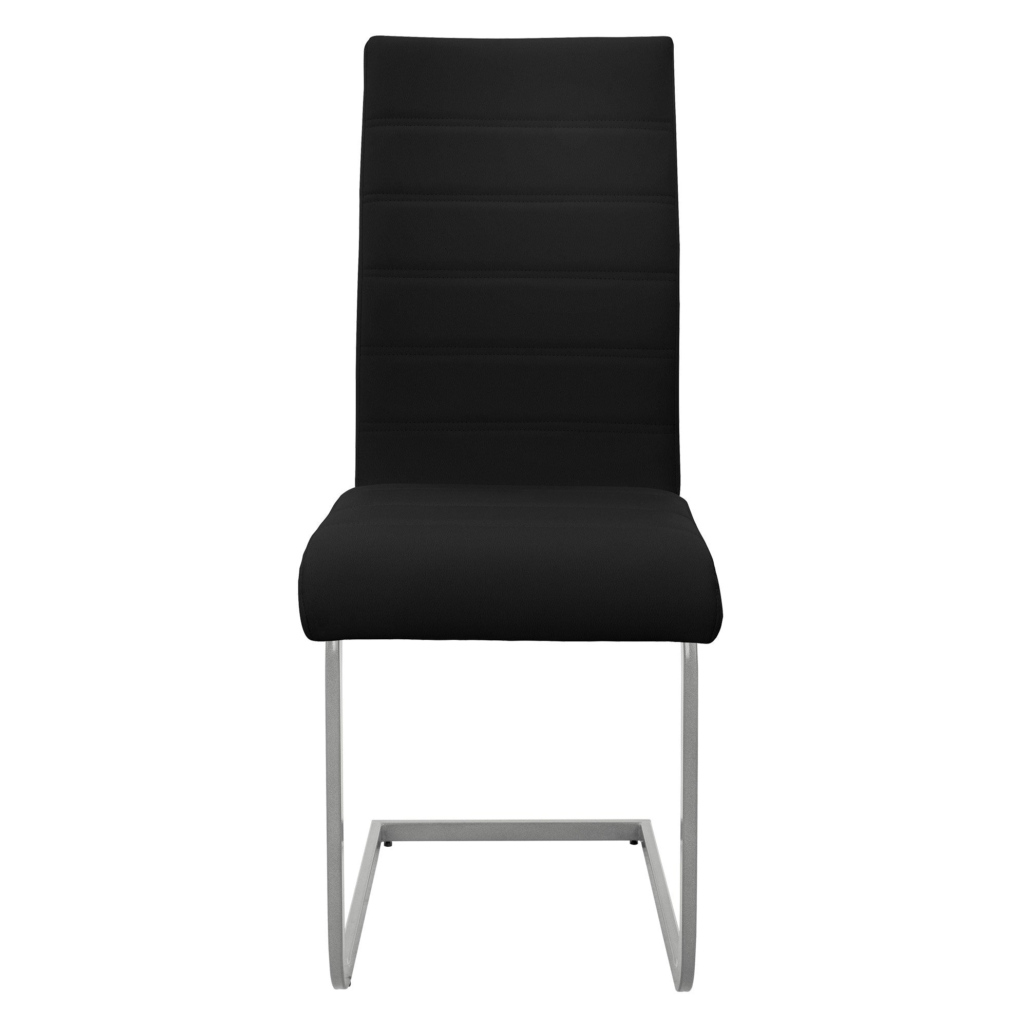 A single black chair with a high back and metal frame.