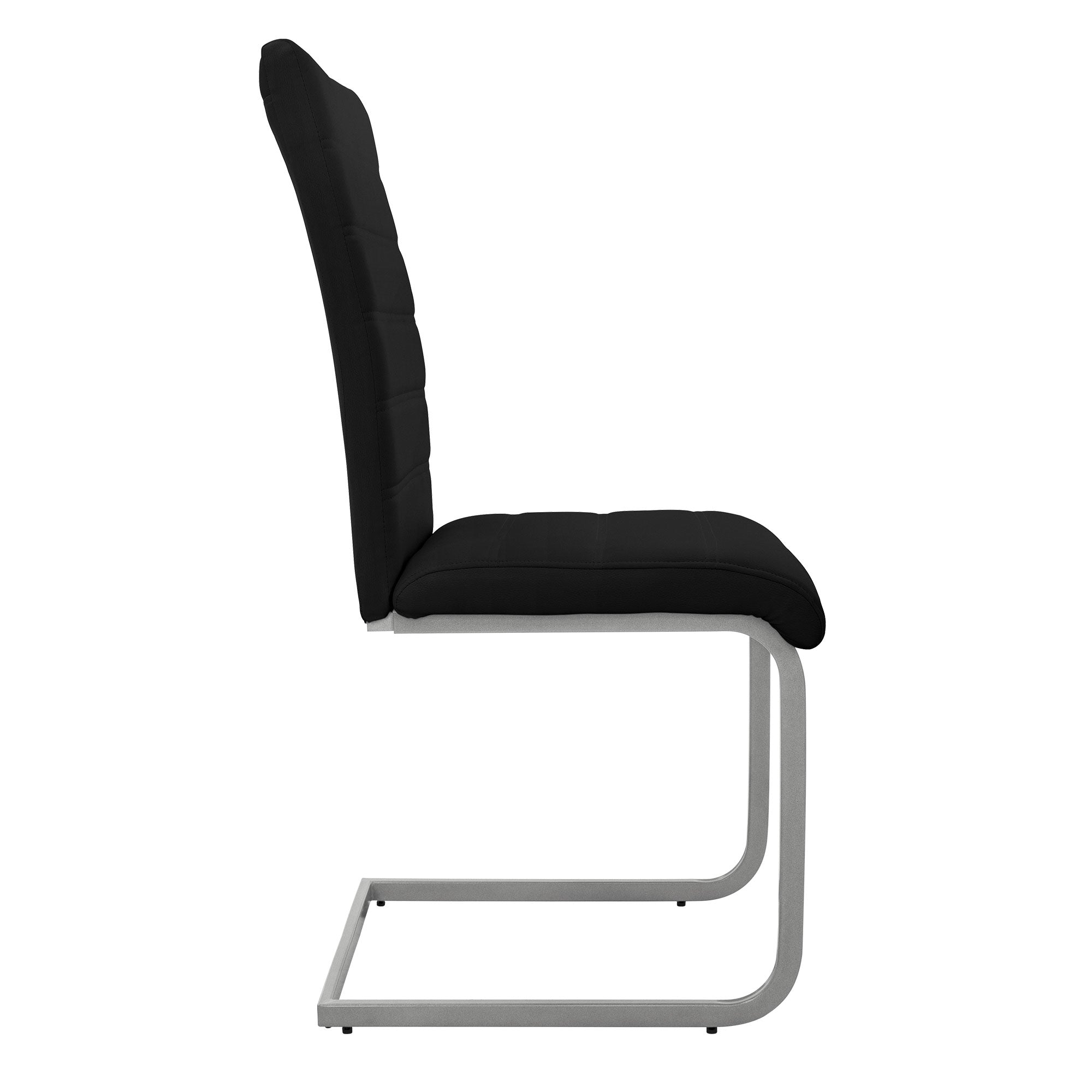 Side view of a black chair with padded backrest and metal frame.