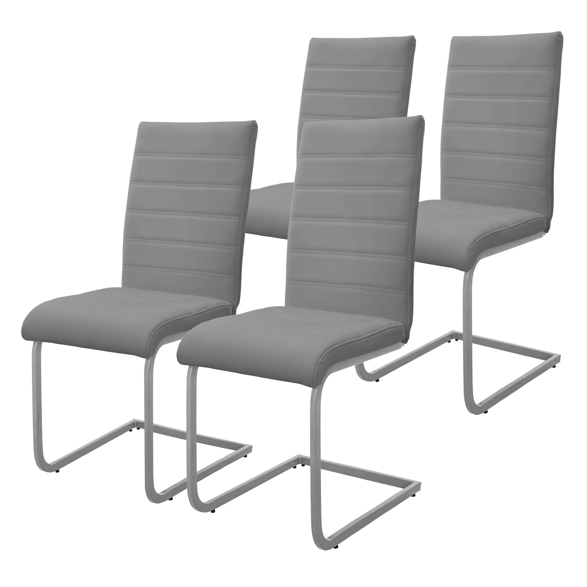 Vier graue Stühle mit hohem Rücken und Metallgestell.
