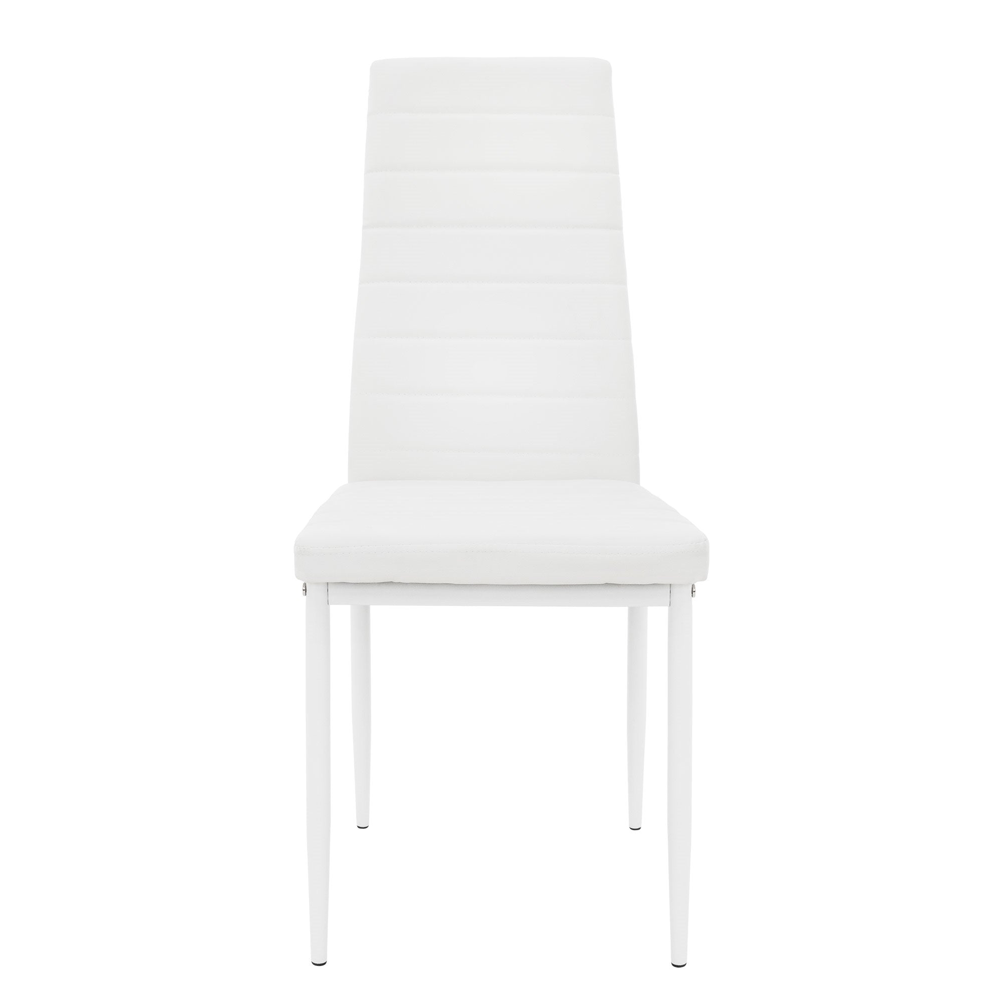 Front view of a white chair with a high back.