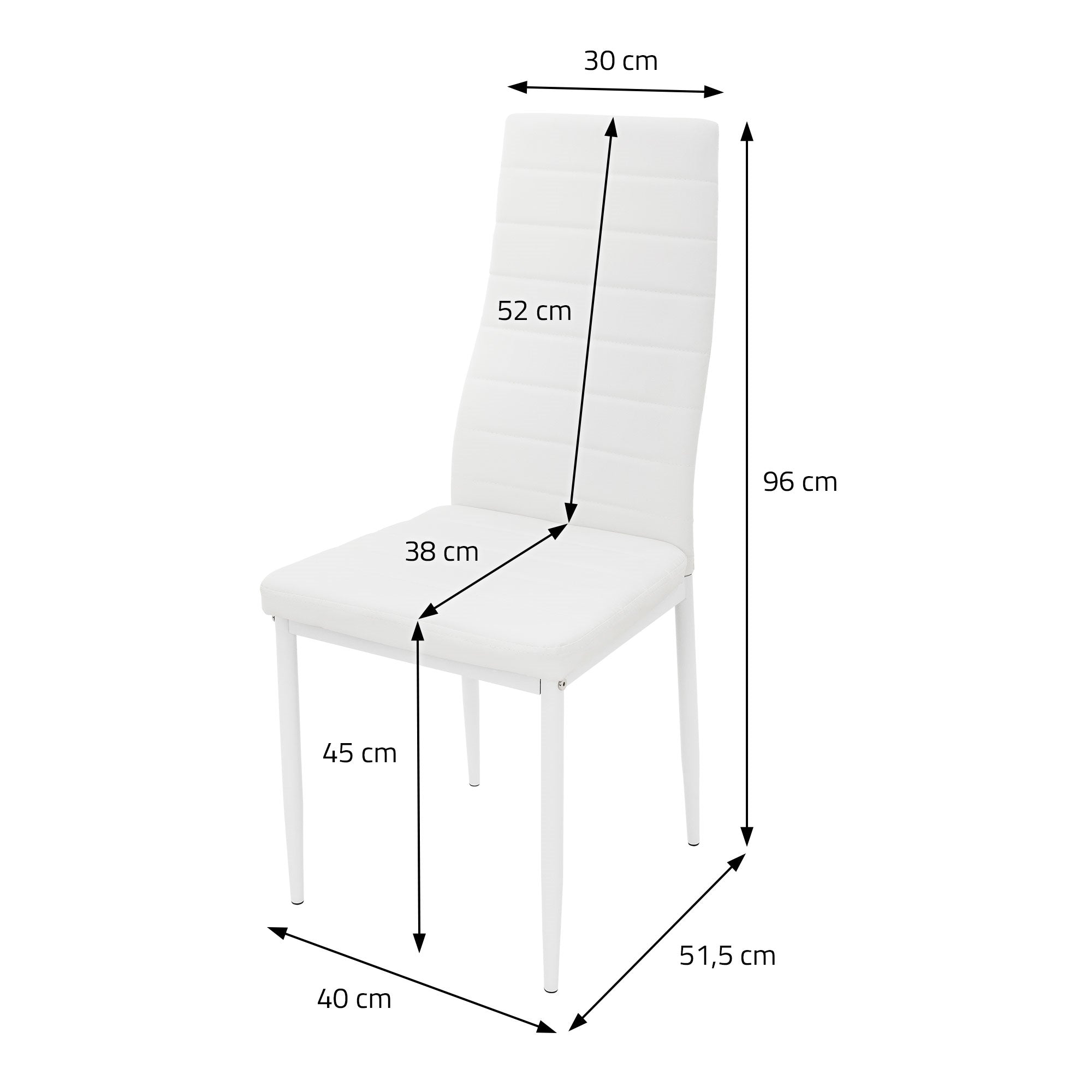 Sedia bianca con misure: 30 cm di larghezza, 96 cm di altezza, 40 cm di profondità.