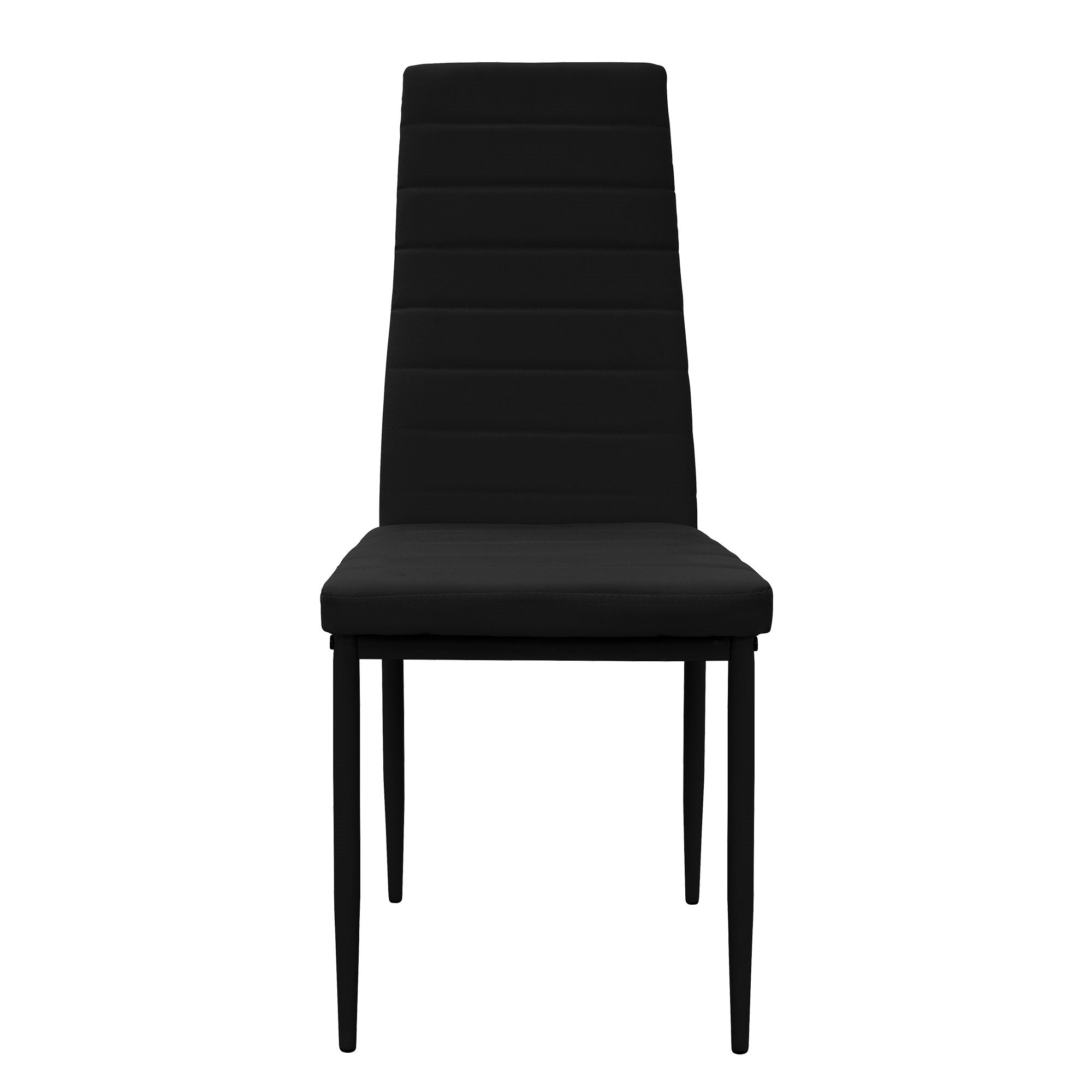Silla negra con respaldo alto y tapizado acolchado, sobre cuatro patas.