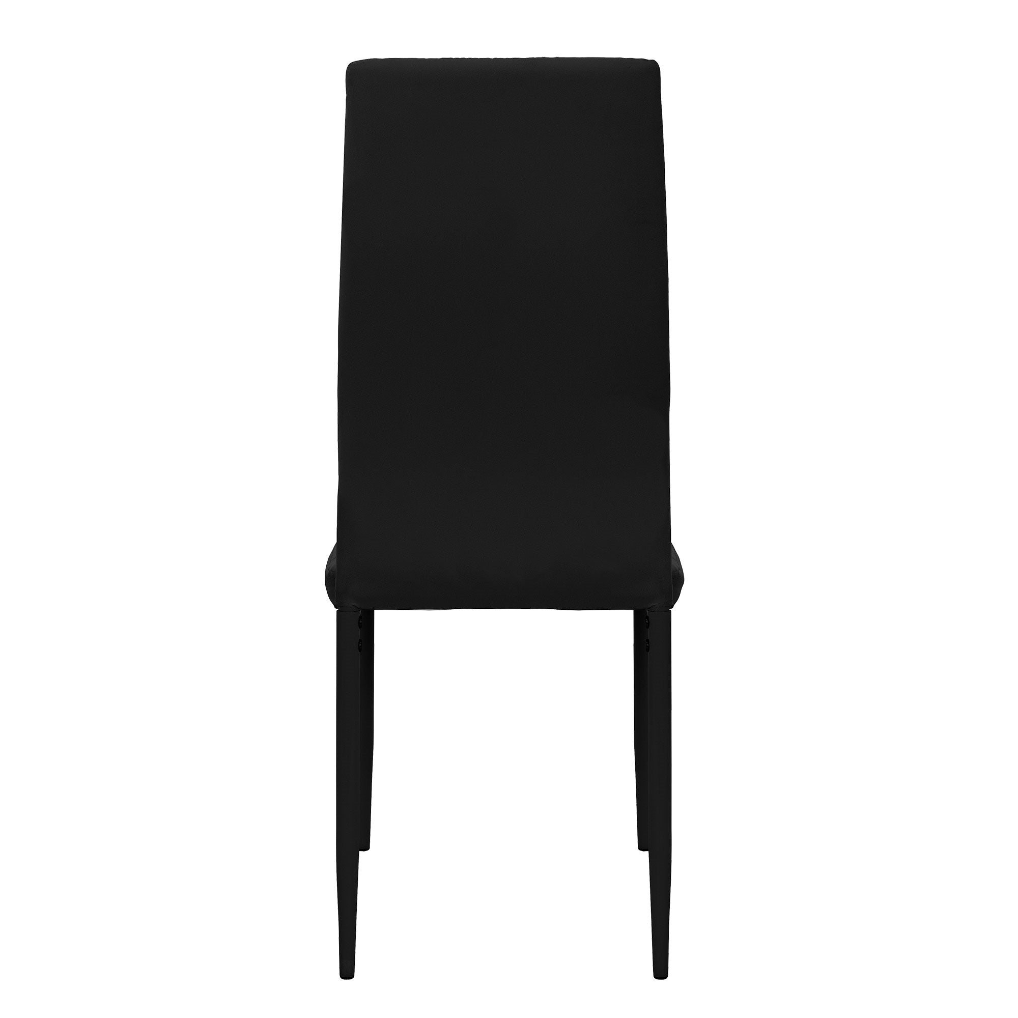 Vista trasera de una silla negra con respaldo alto.