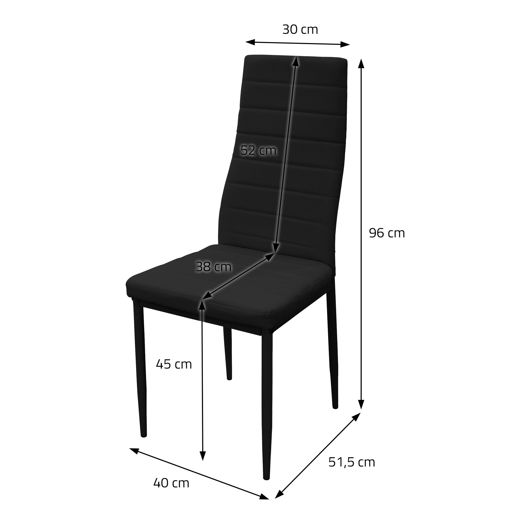Una silla negra con medidas en centímetros, sobre un fondo blanco.
