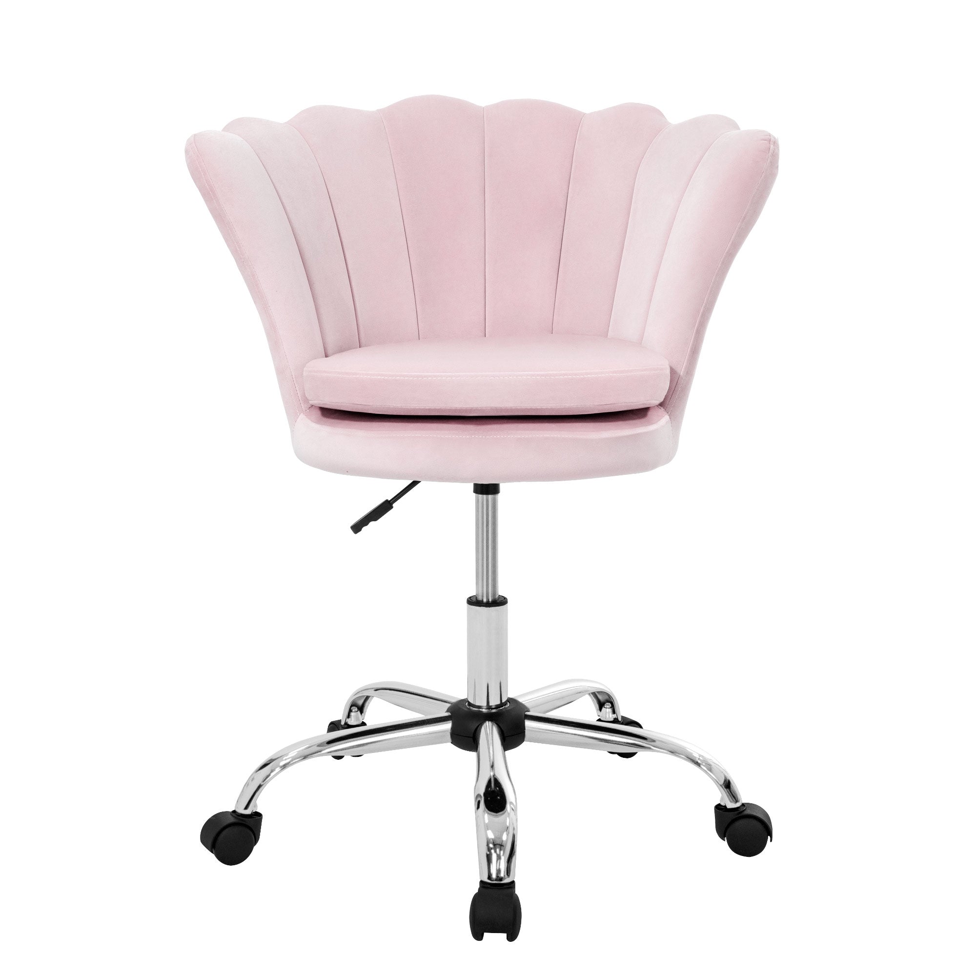 Vorderansicht eines rosa Bürostuhls mit verstellbarem Sitz.