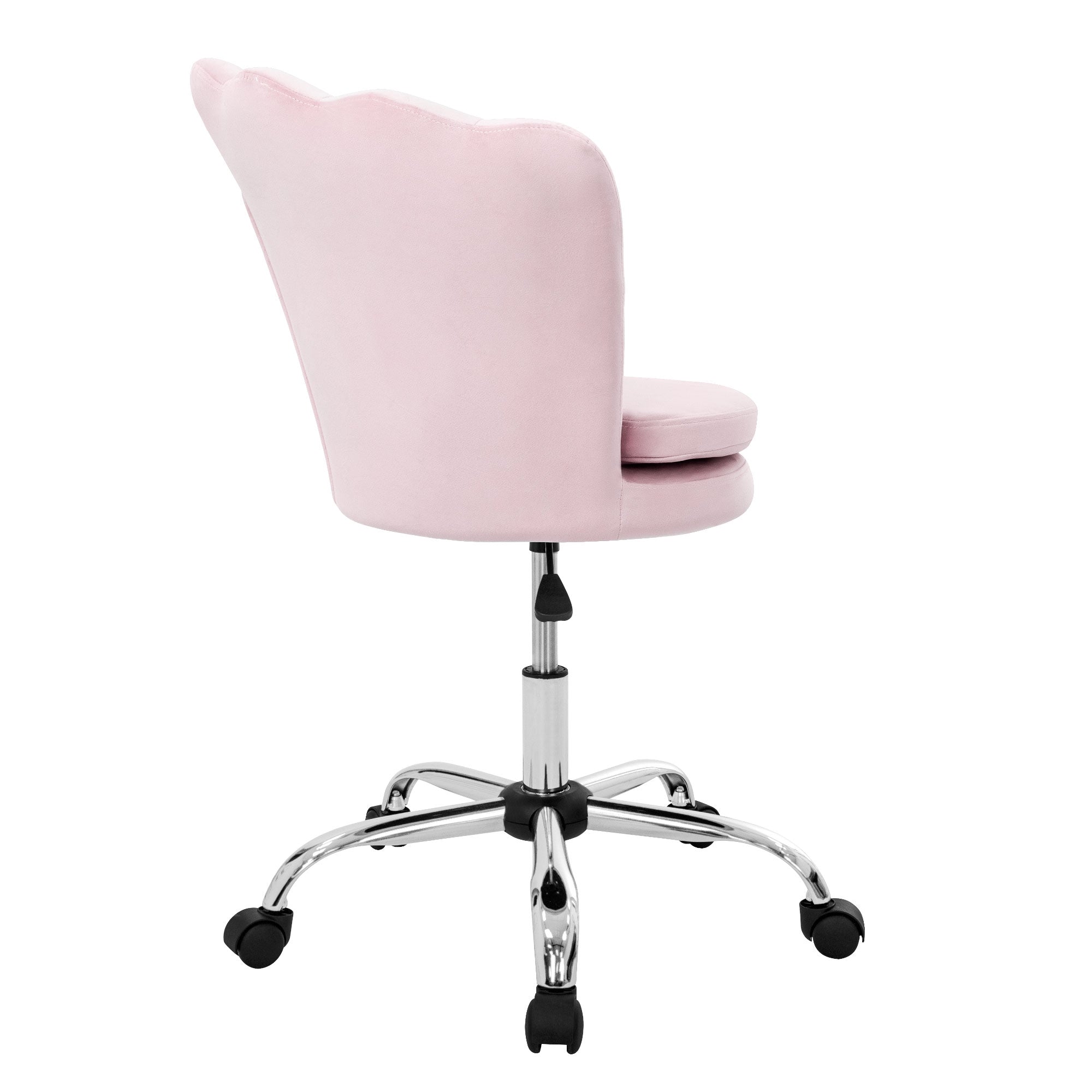 Vue de dos d'une chaise de bureau rose avec un siège réglable.