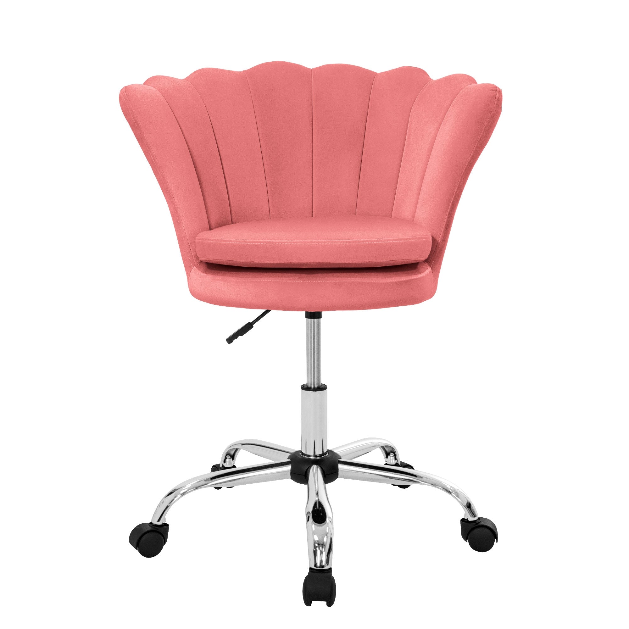 Vorderansicht eines rosa Bürostuhls mit chromfarbener Basis und Rollen.