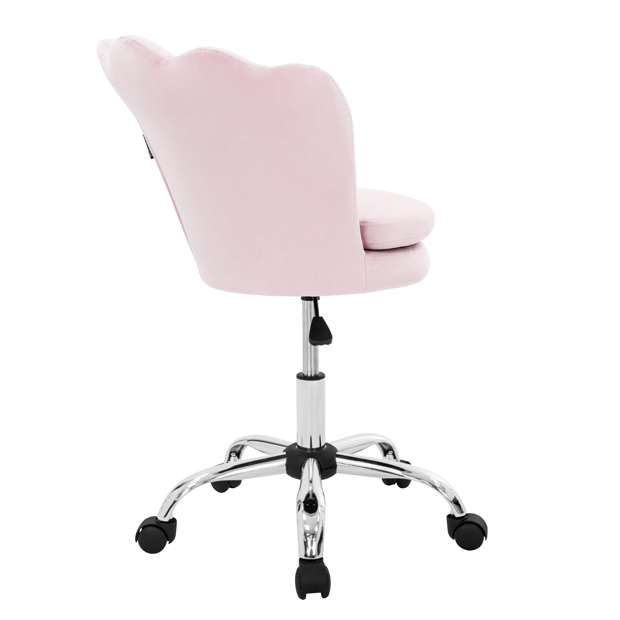 Rückansicht eines rosa Bürostuhls mit einer geschwungenen Rückenlehne.