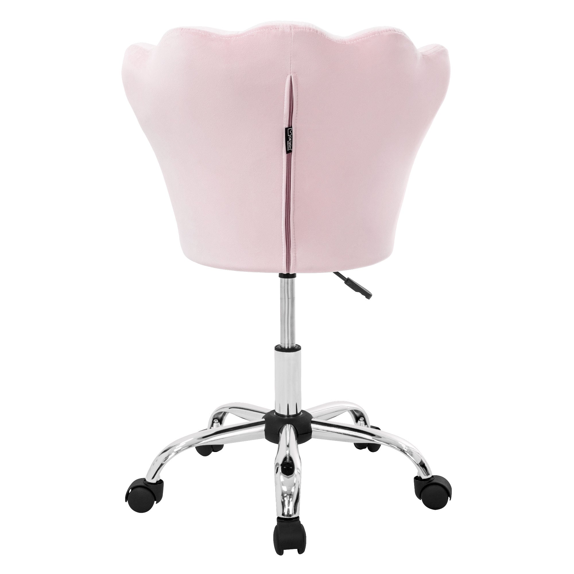 Rückansicht eines rosa Bürostuhls mit chromfarbener Basis und Rollen.