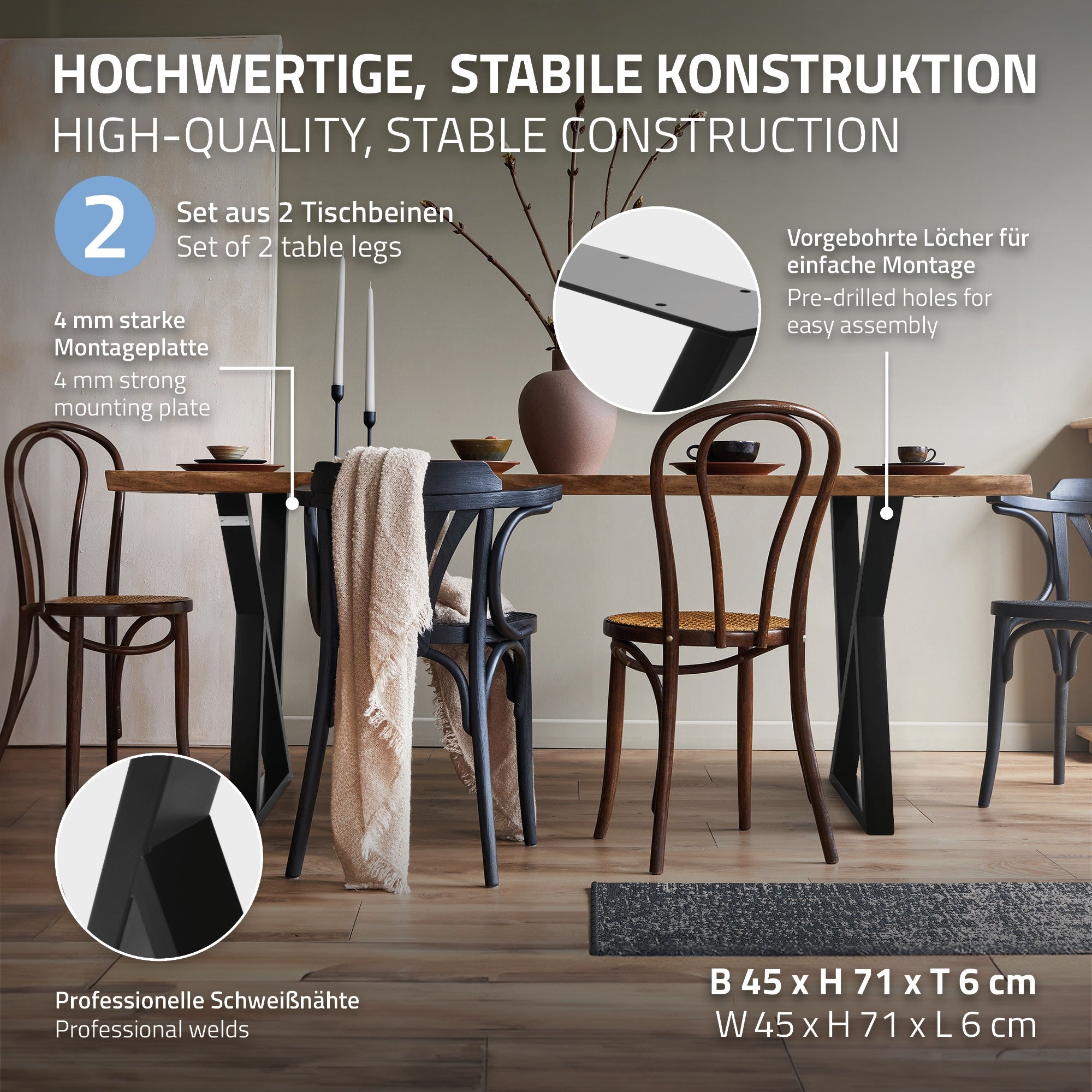 Tisch mit stabiler Konstruktion und Montageanleitung in einem Raum.