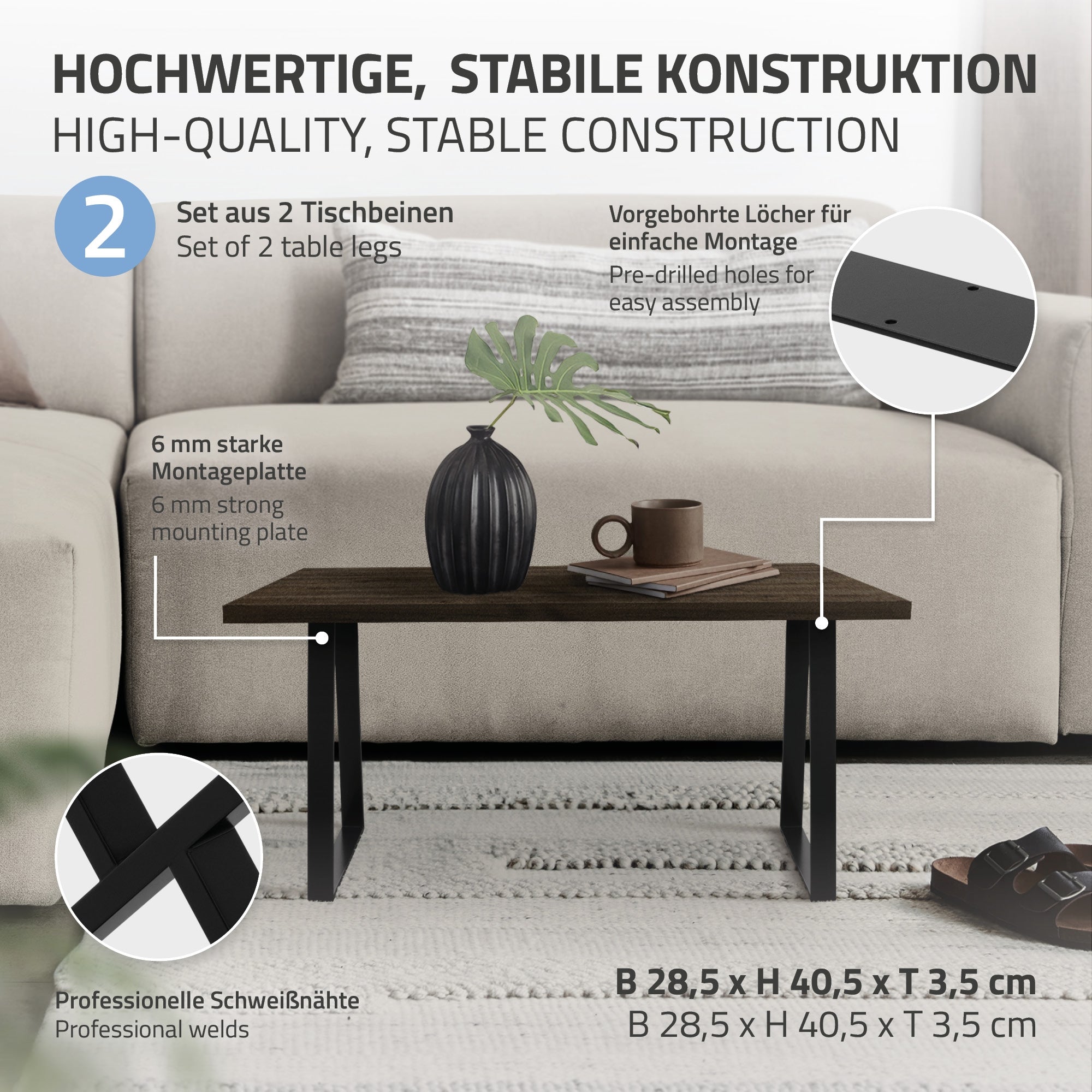 Tisch mit stabiler Konstruktion und Montageanleitung auf einem Sofa.