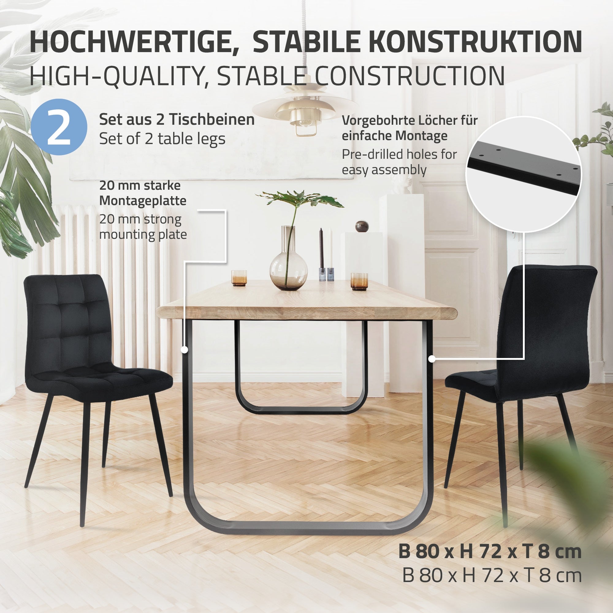 Et bord med stabil konstruktion, to stole og en monteringsplade.
