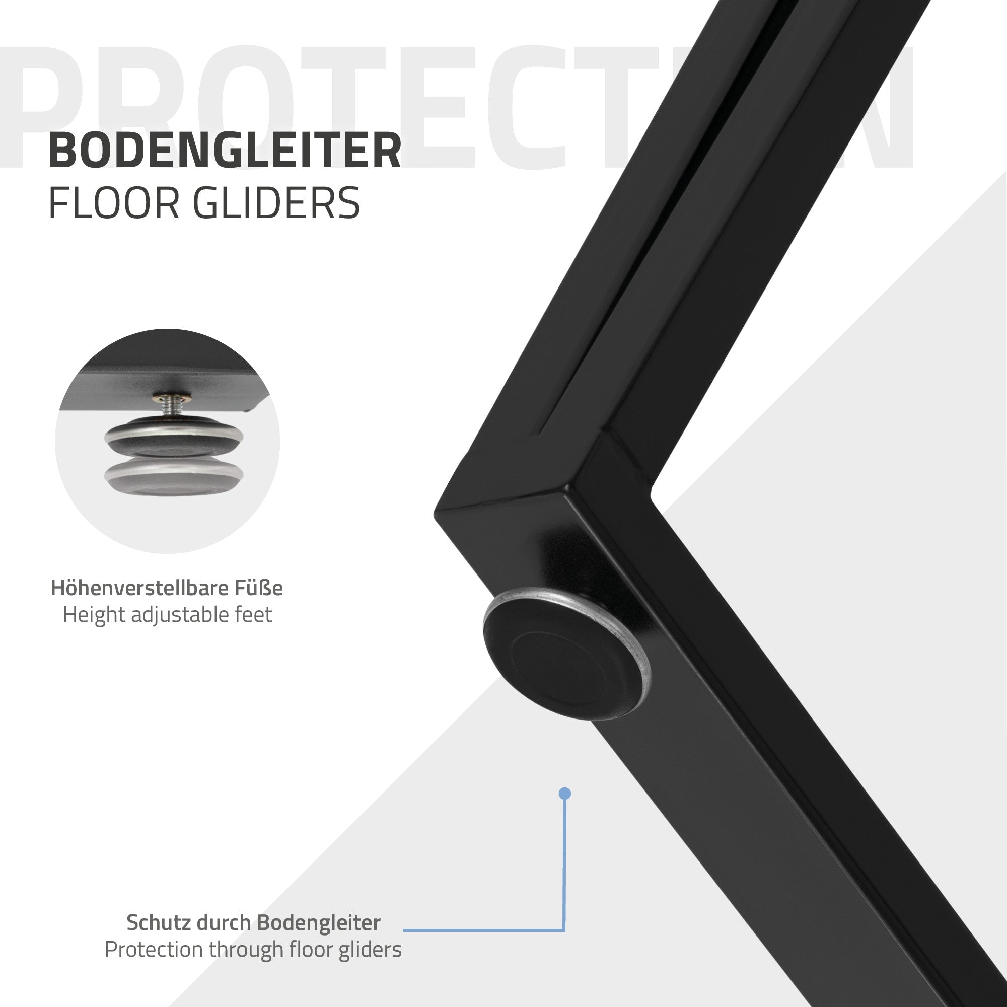 Baseboard with height-adjustable feet and protective function.