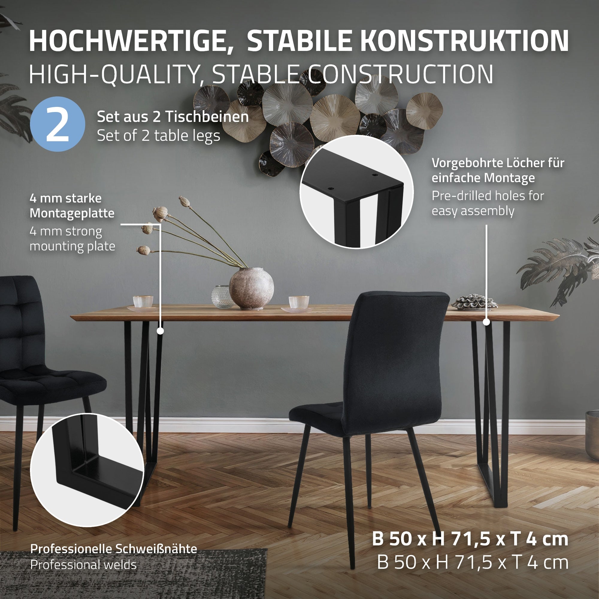 Table with sturdy legs and assembly instructions.