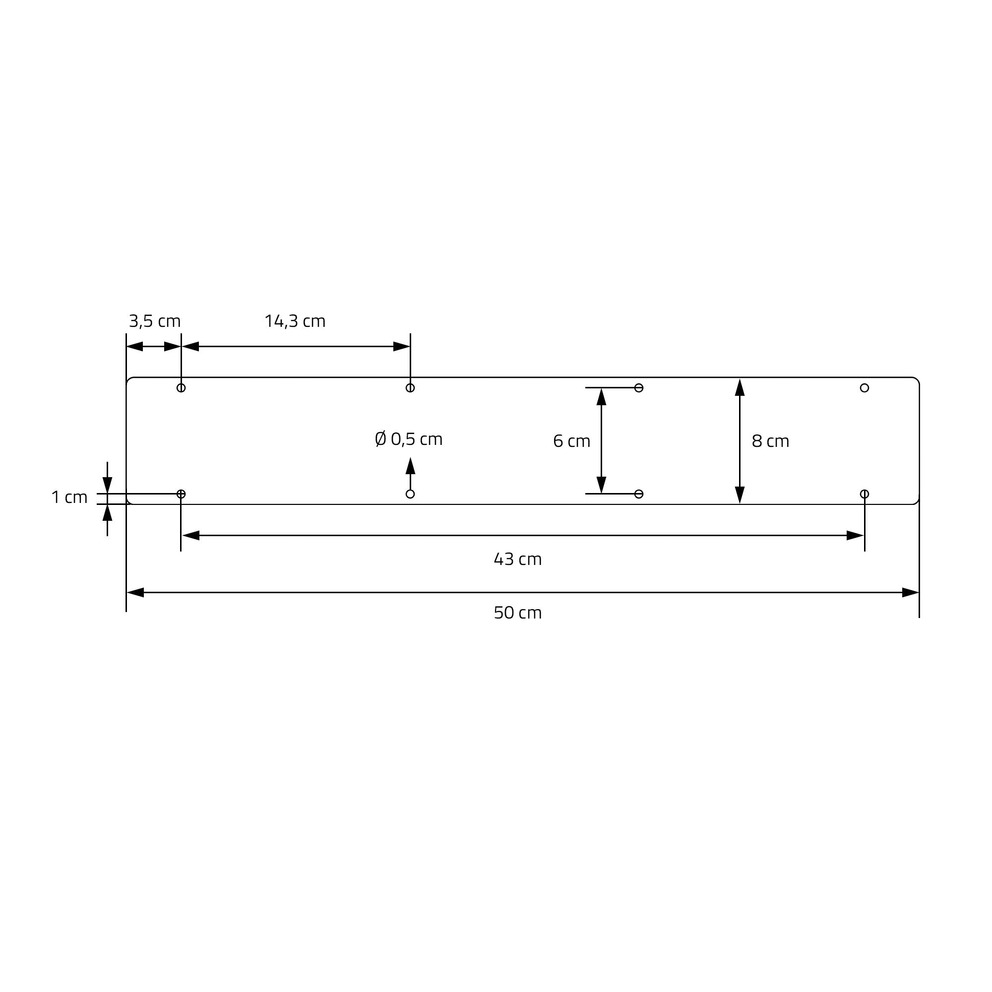 Technical drawing with dimensions of a rectangular object, including diameter and drill holes.
