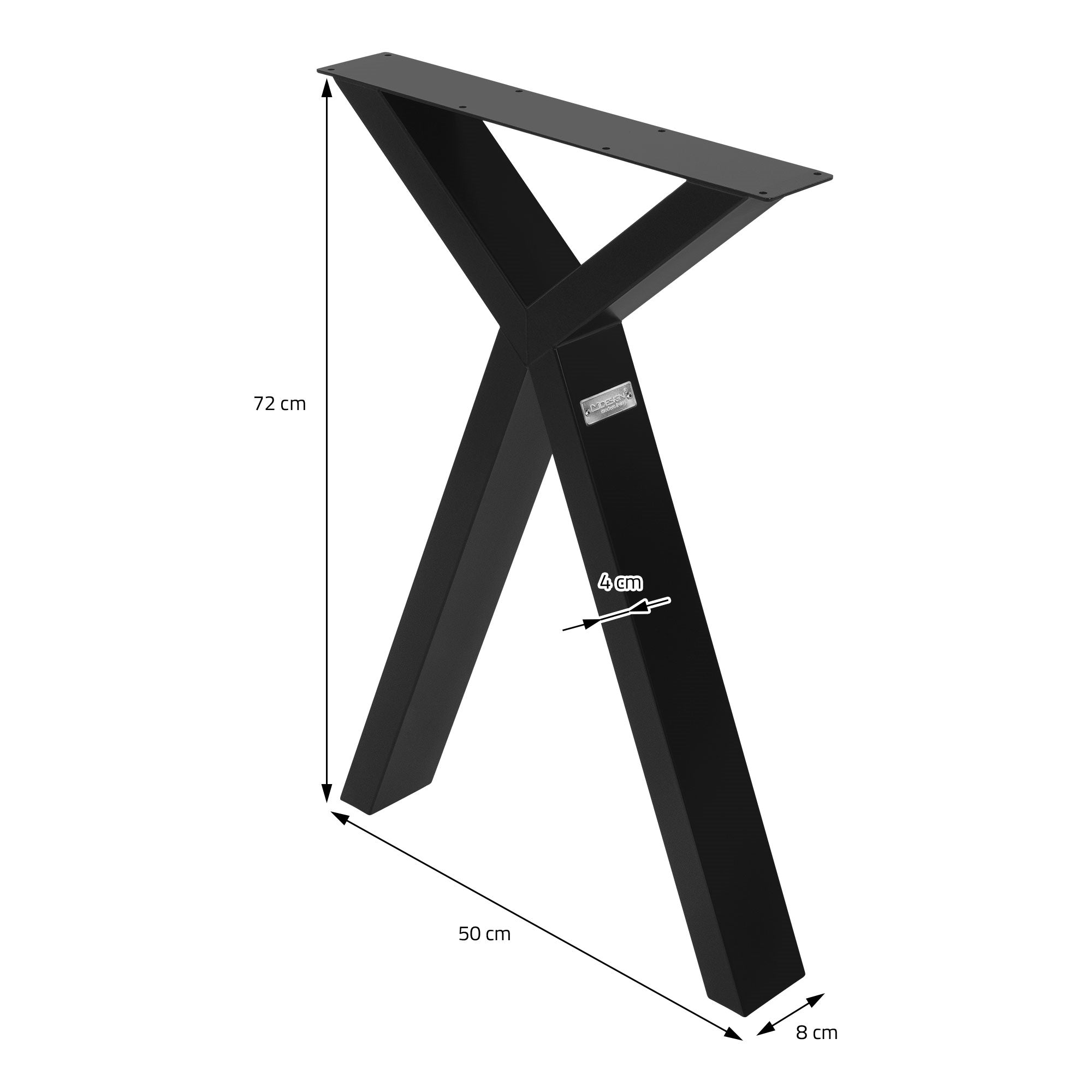 Schwarzes Tischgestell in X-Form mit Maßangaben.