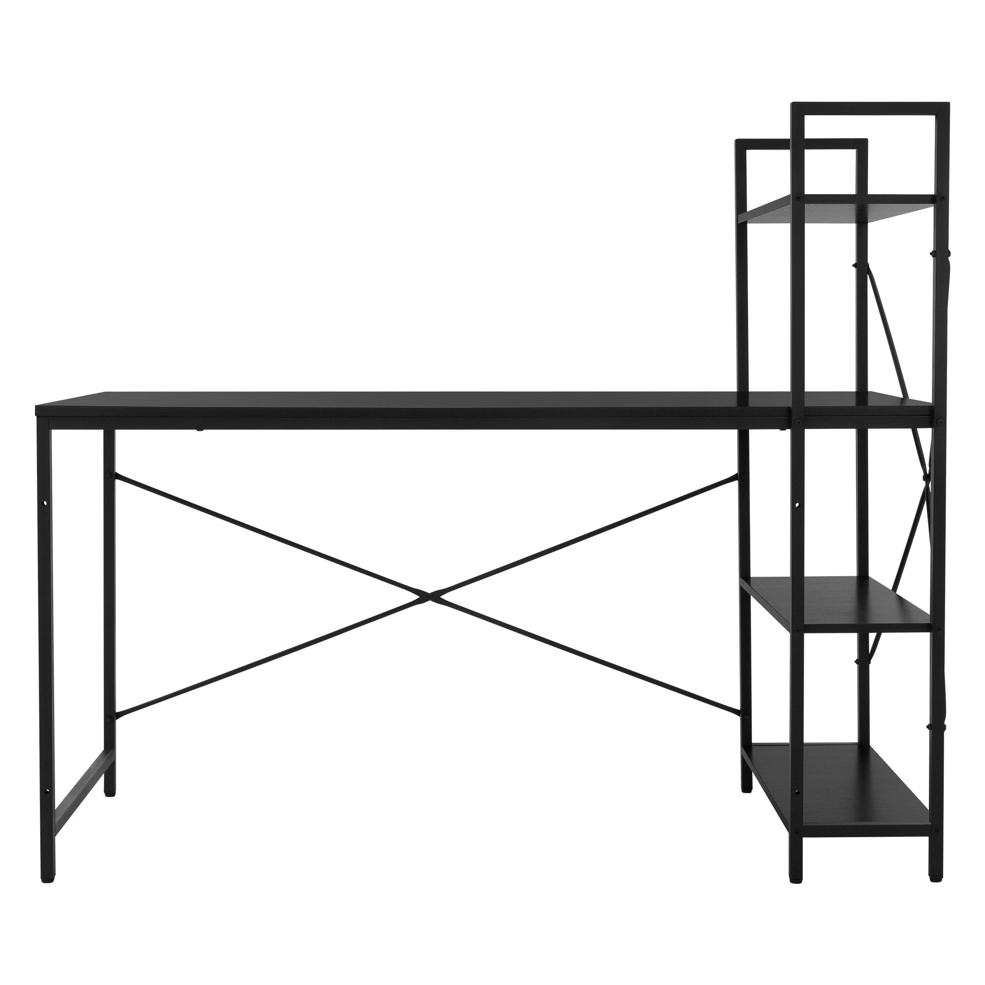 Skrivebord med sort stel og tre hylder.