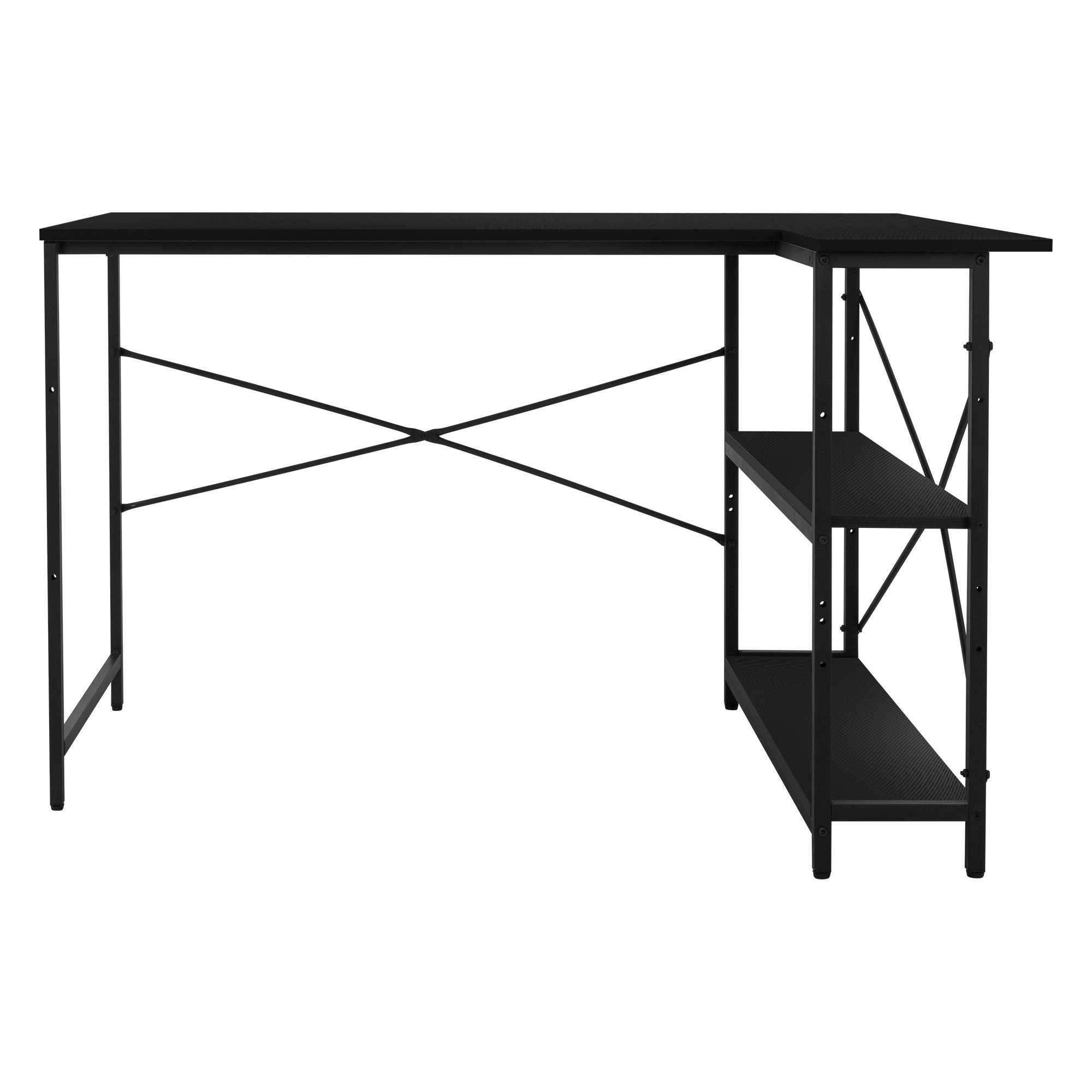 Schreibtisch mit schwarzem Gestell und zwei Regalen.