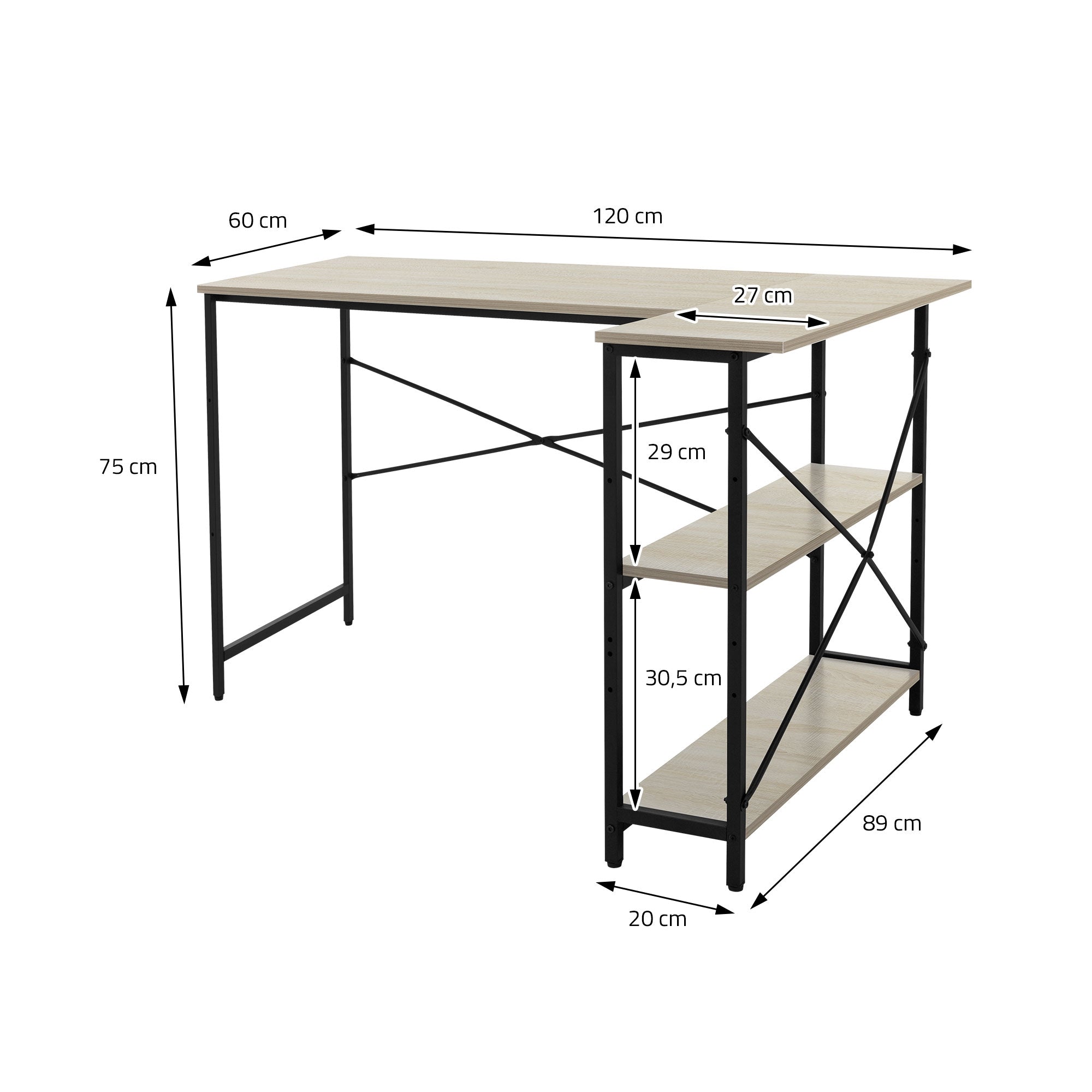 Dimension drawing of a desk with measurements in cm.