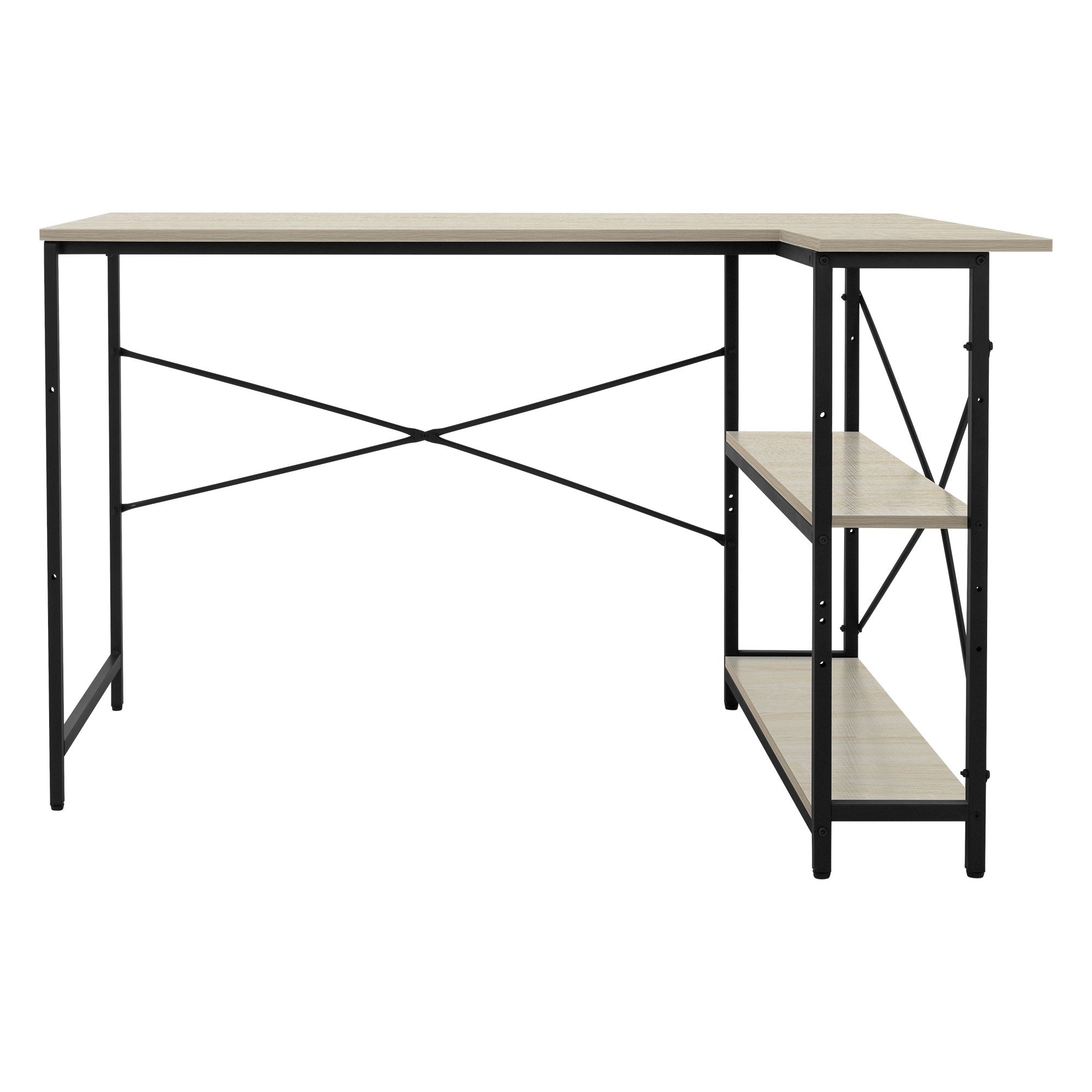 Desk with wooden top and black frame, side storage area.