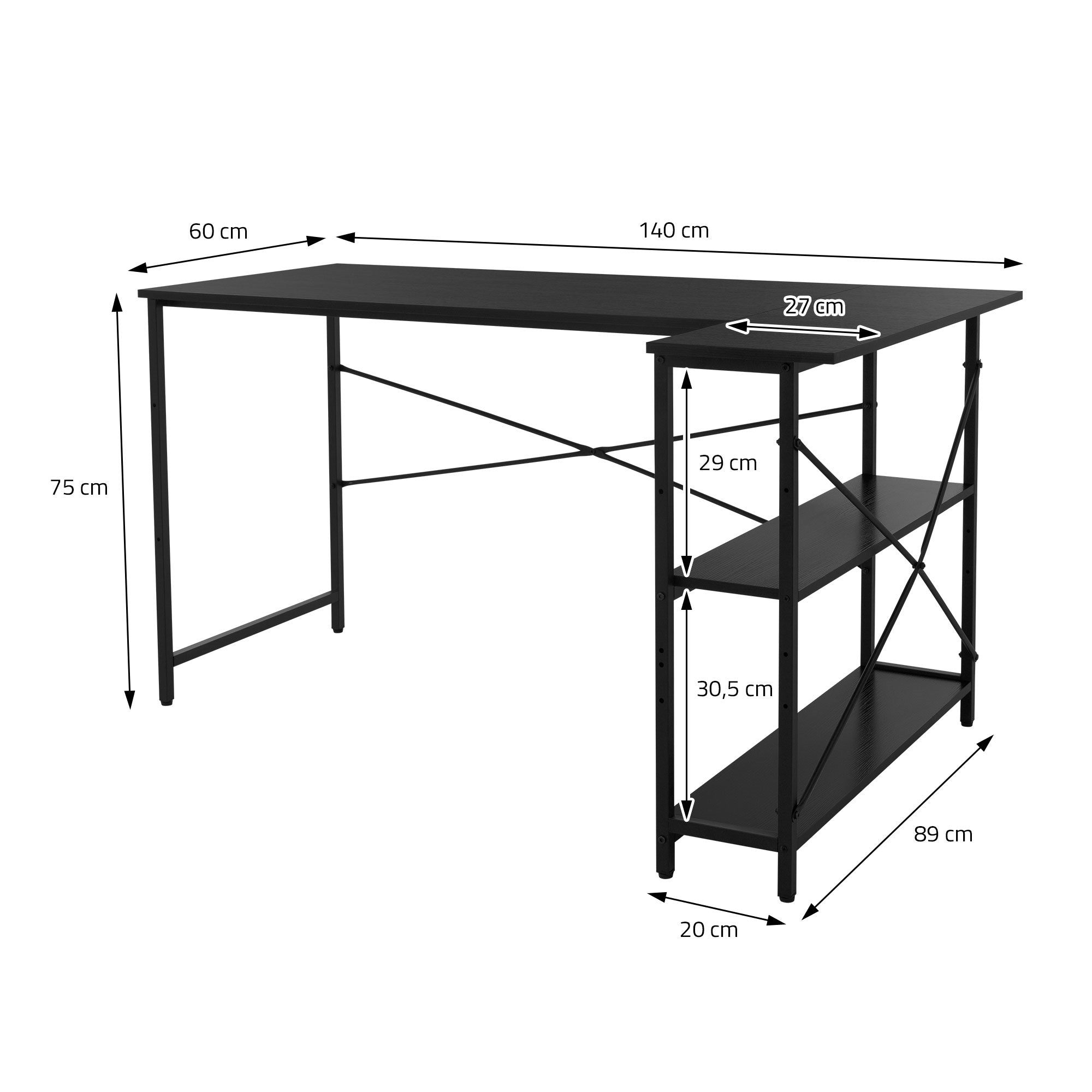 Scale drawing of a desk with dimensions in centimeters.