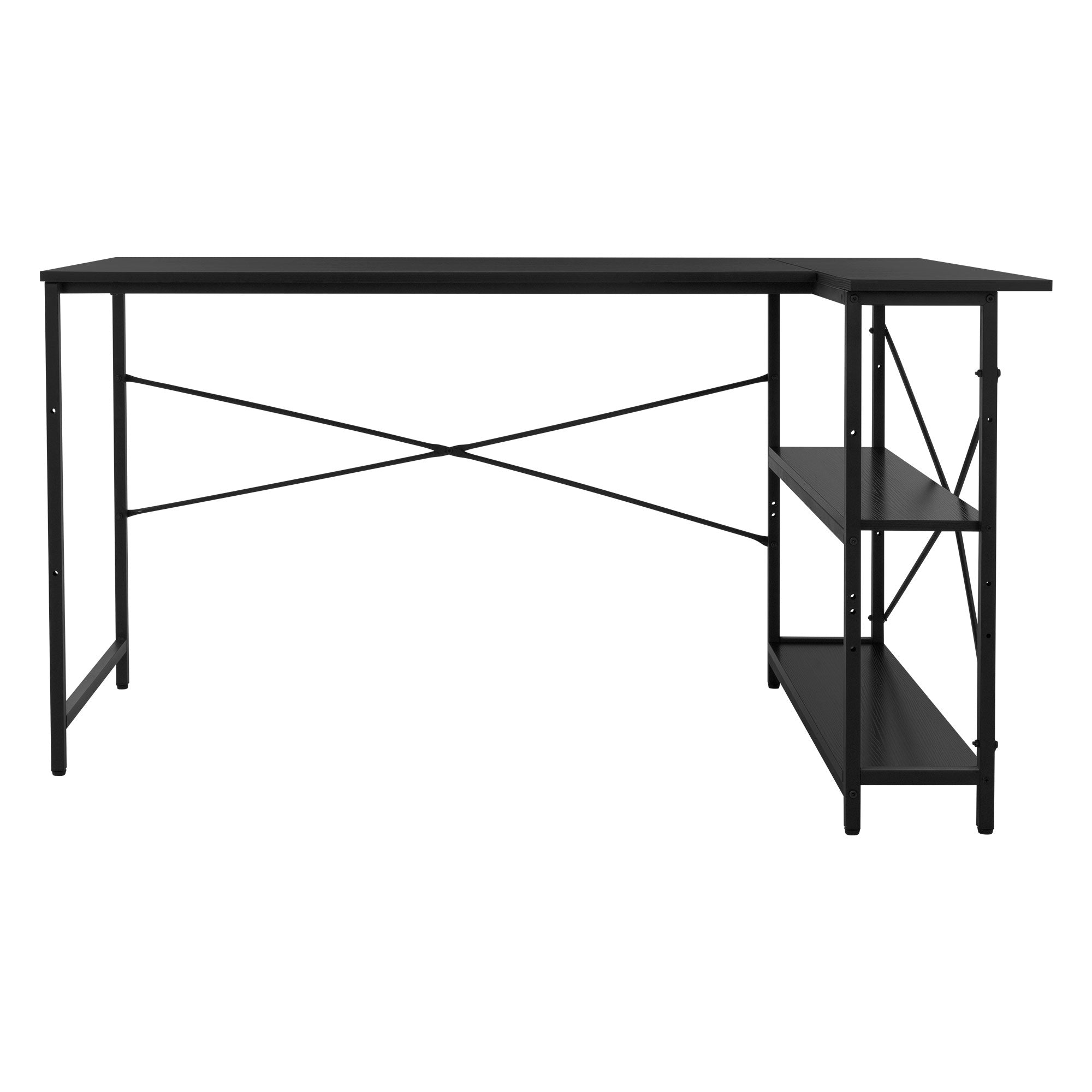 Black desk with a shelf and sturdy cross braces.