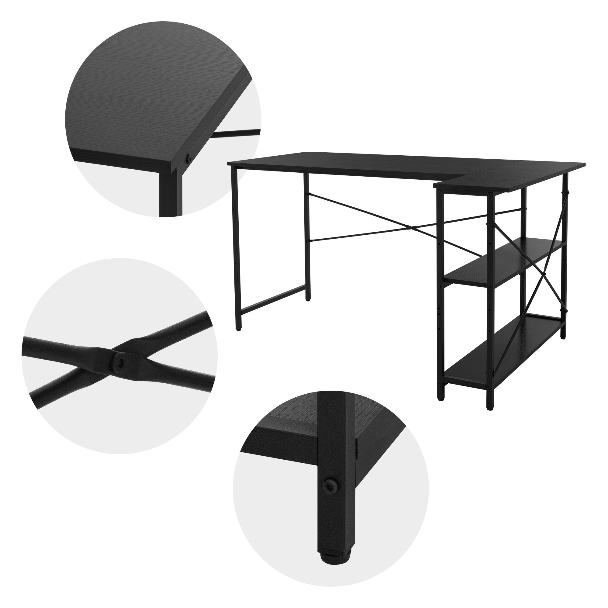 Close-up views of a black desk from various perspectives.