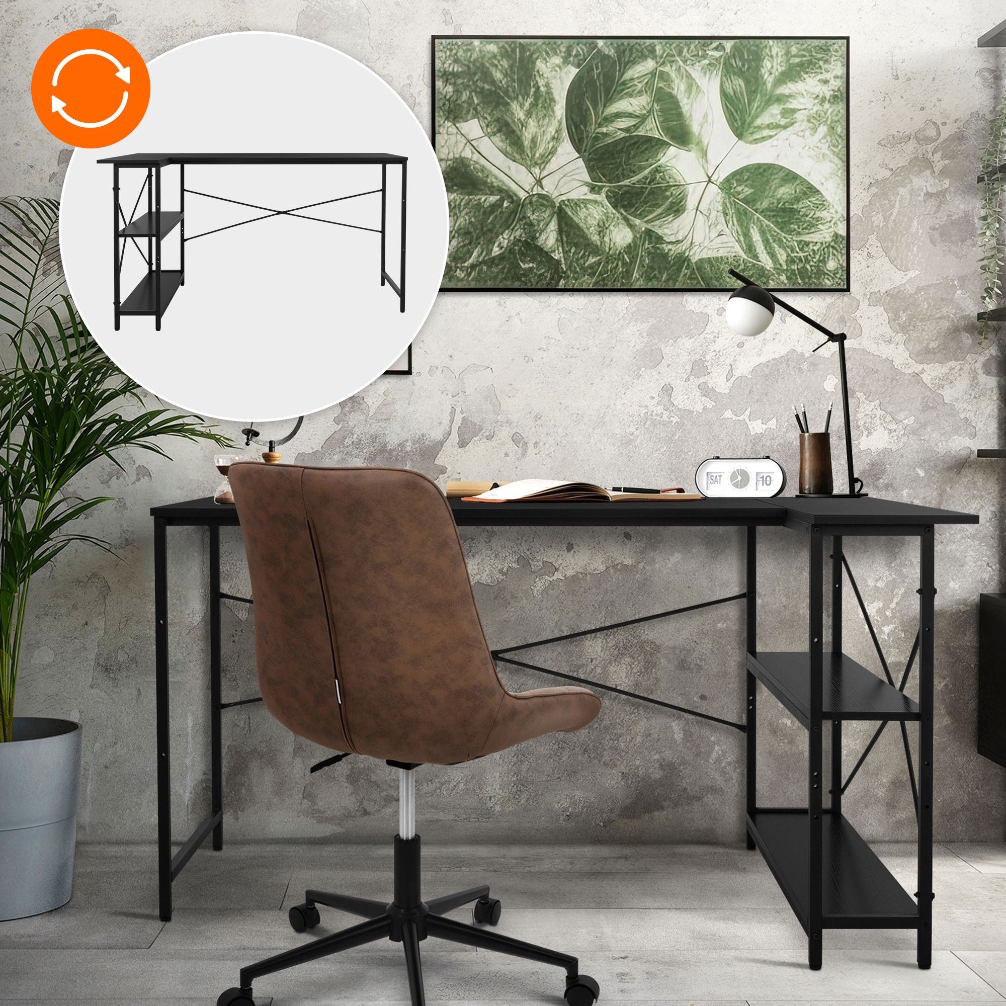 Desk with a chair, plants, and art on the wall, in a bright room.