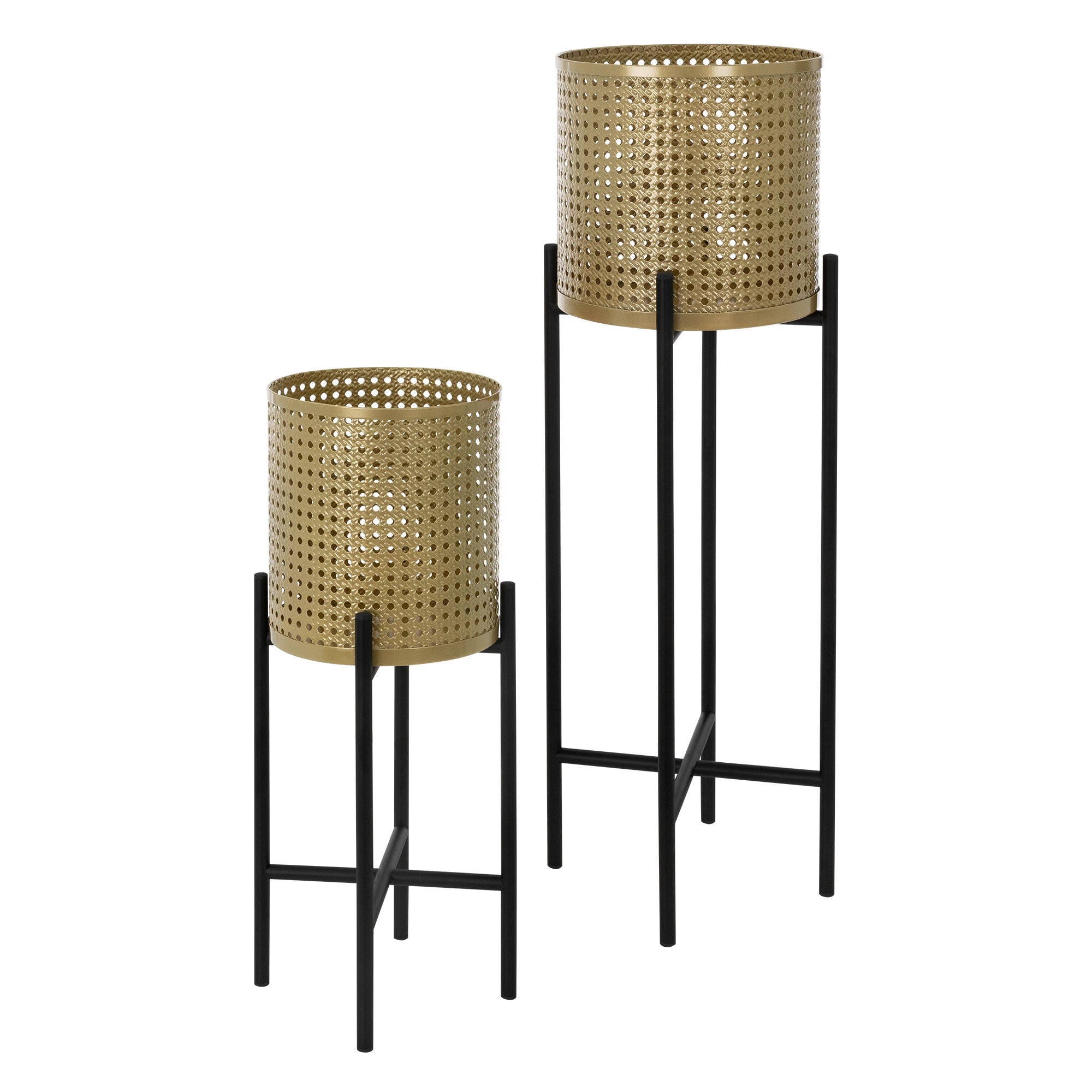 Deux supports de plantes en noir et or sur un fond blanc.