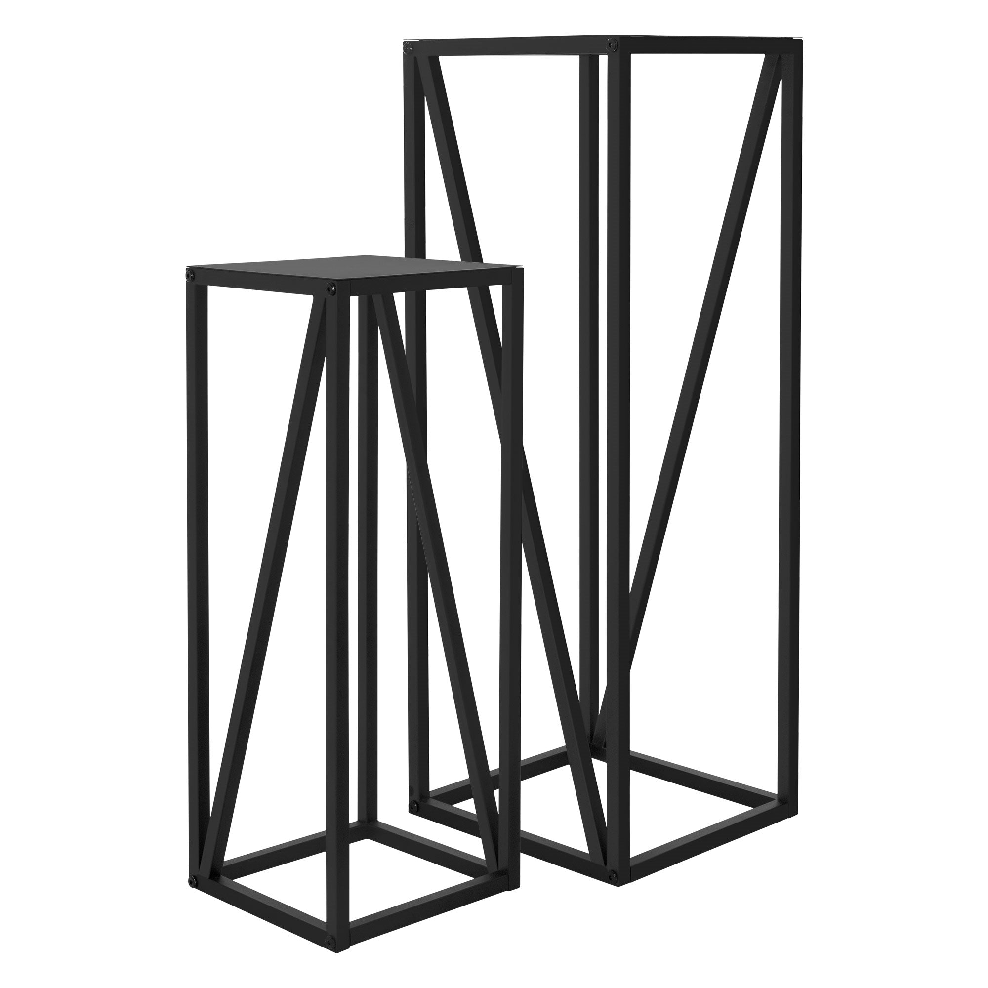 Deux supports de fleurs noirs en forme géométrique.
