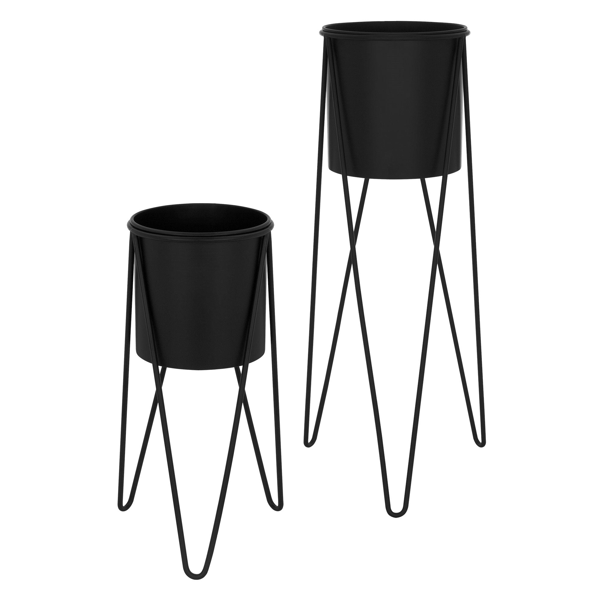 Deux supports de plantes noirs avec des plantes, un haut et un bas.