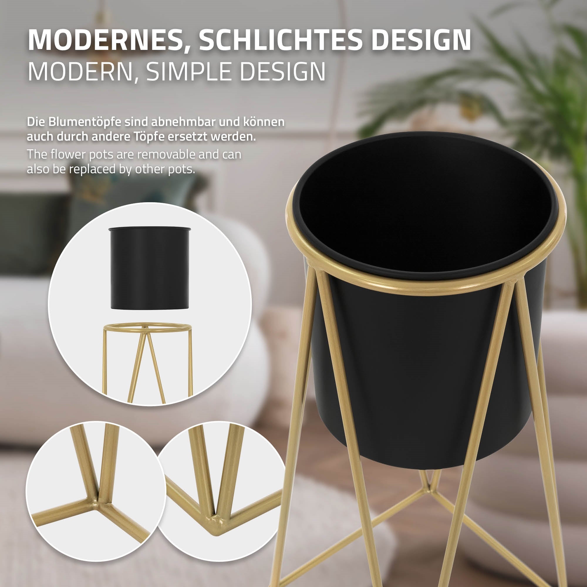 Blumentopfständer, schwarzer Topf auf goldenem Gestell, modern.