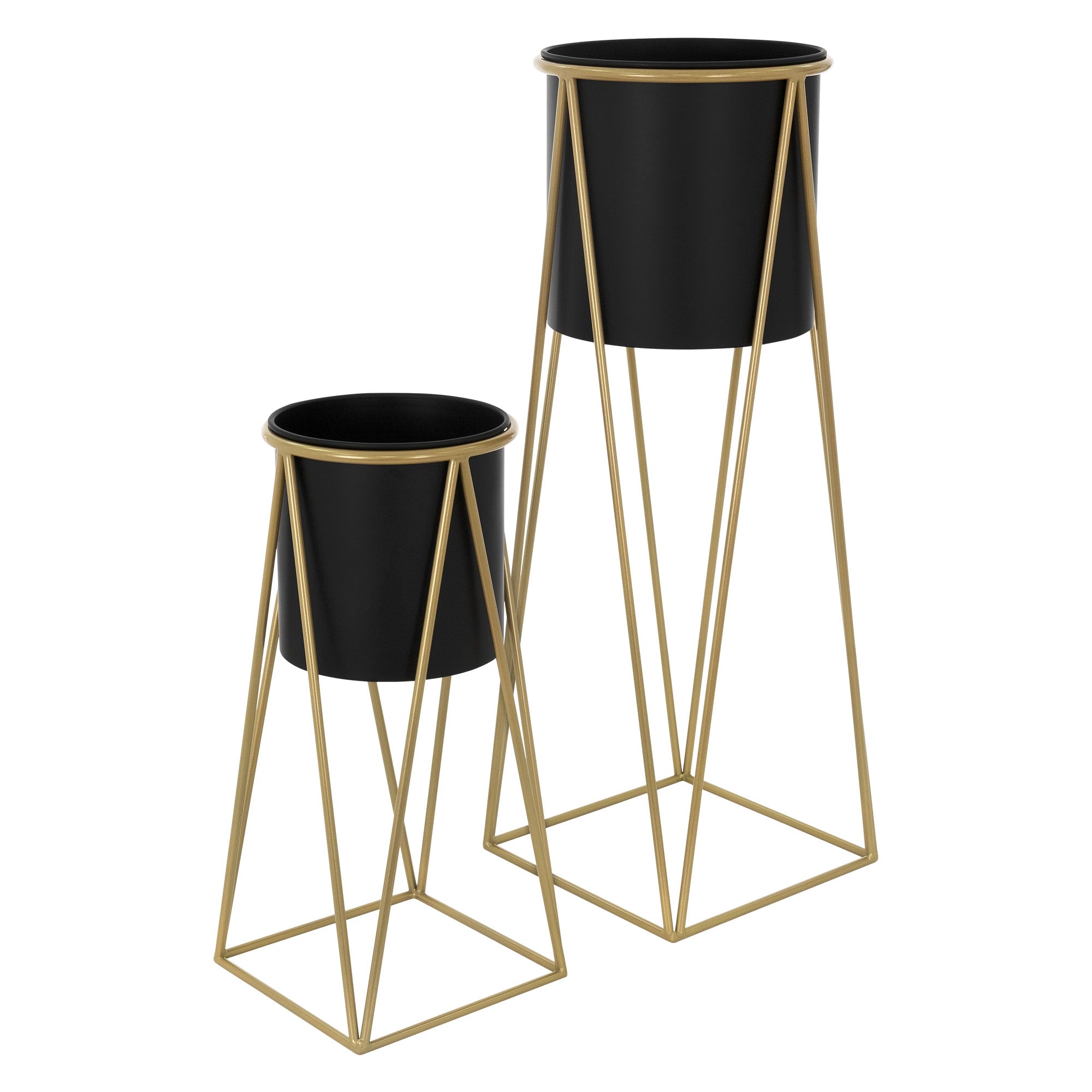 Deux vases à plantes noirs sur des supports dorés.