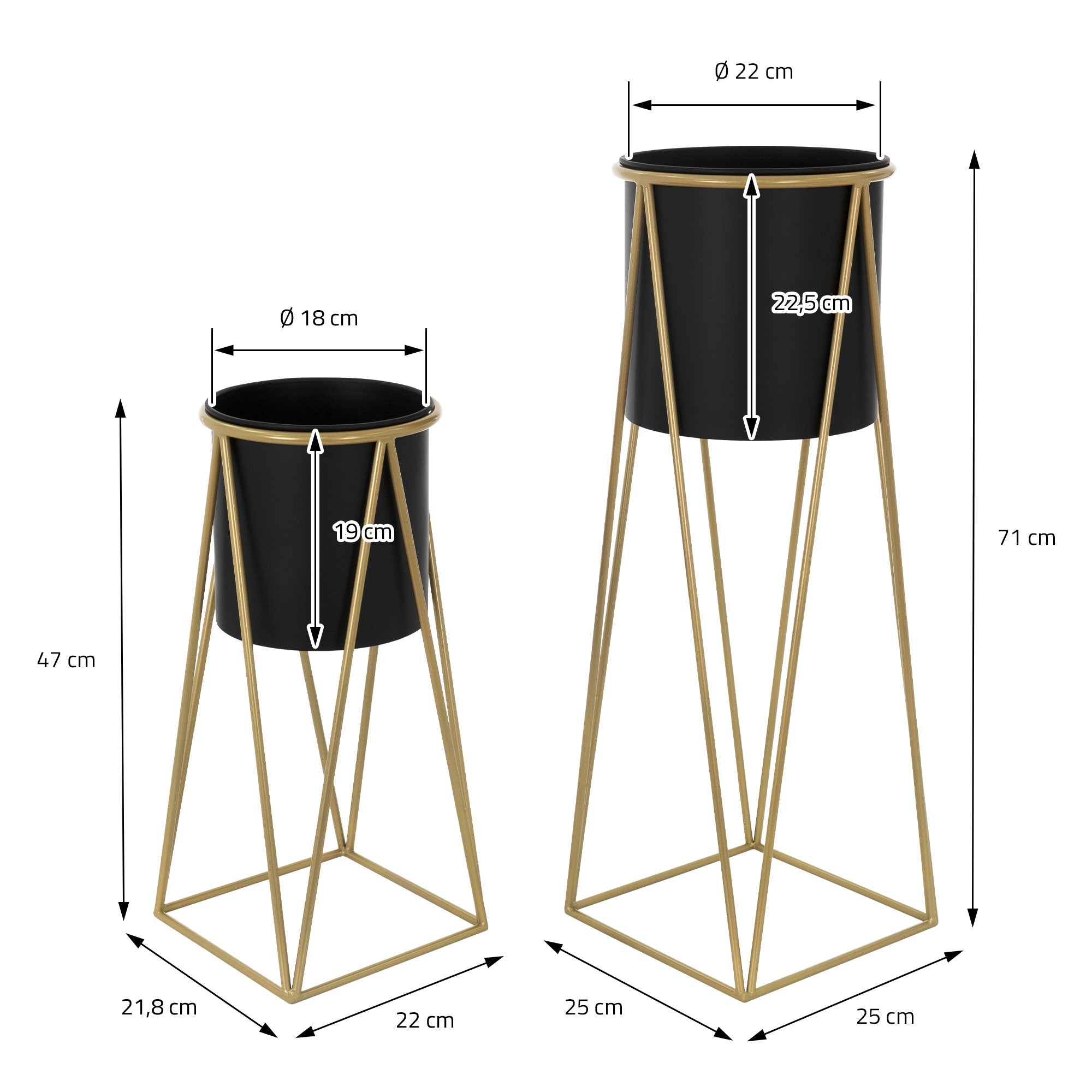 Zwei Pflanzgefäße mit Maßen und Details, einer mit 47 cm und der andere mit 71 cm Höhe.