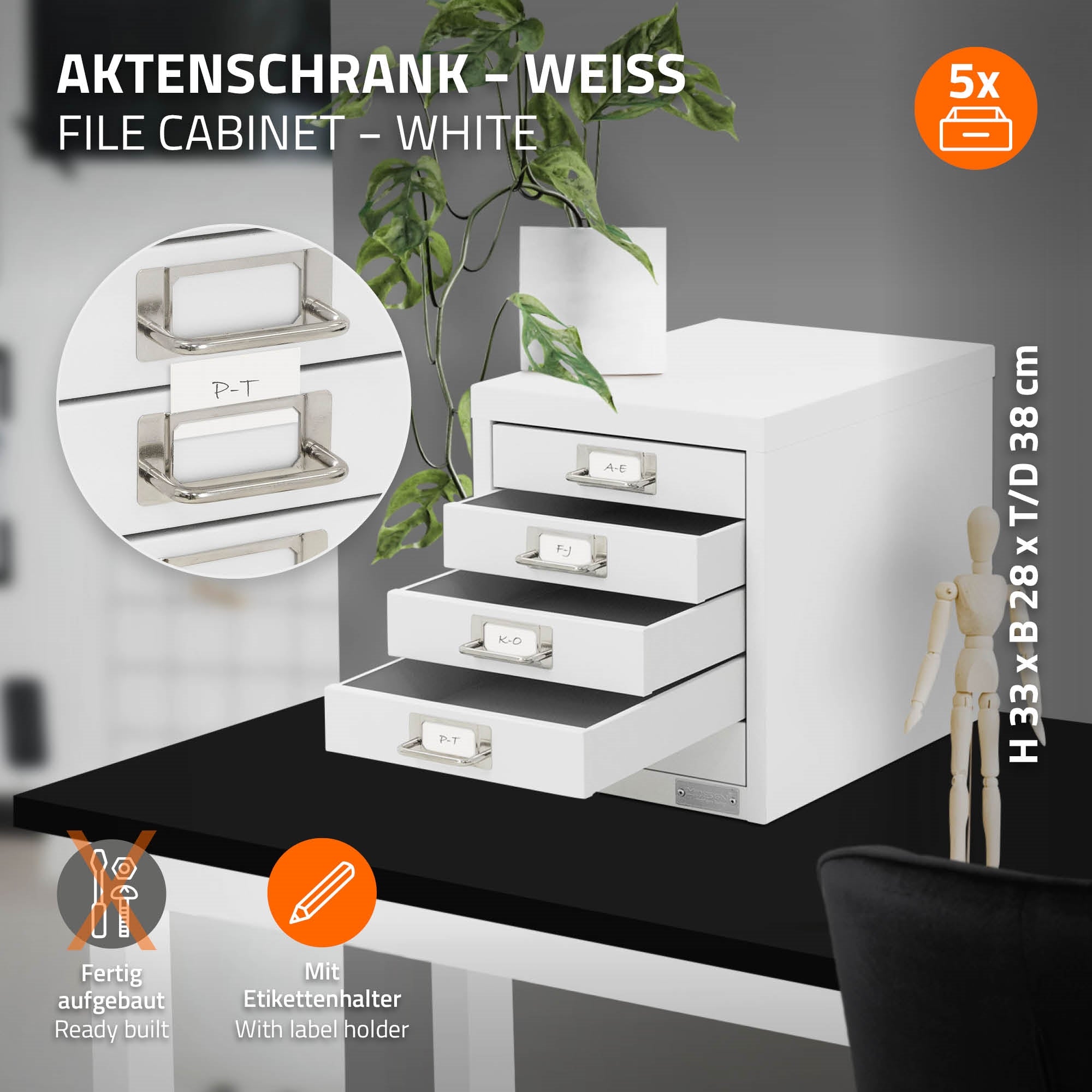 Witte archiefkast met vier lades op een tafel.