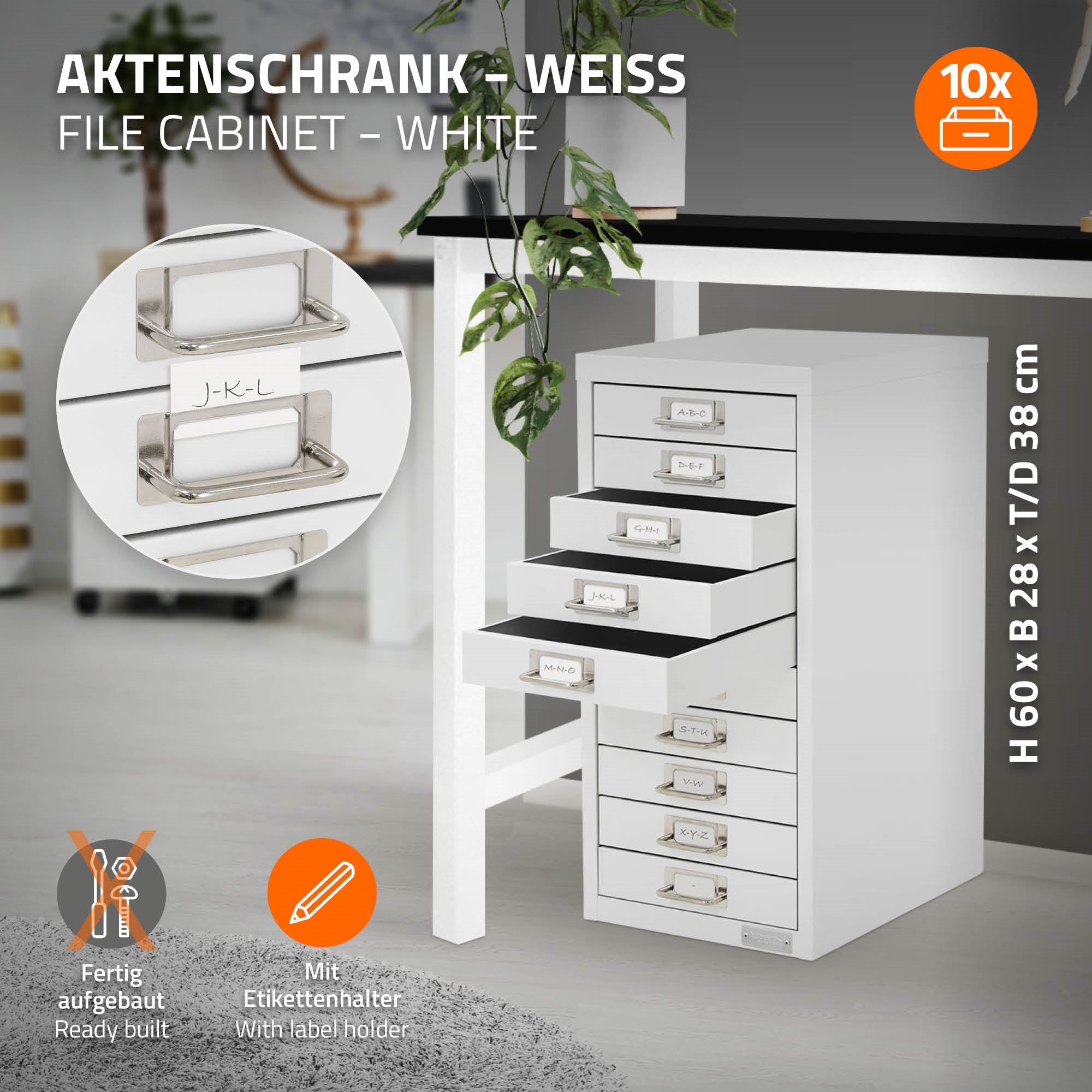 Witte archiefkast met lades en etikethouders, klaar om te monteren.
