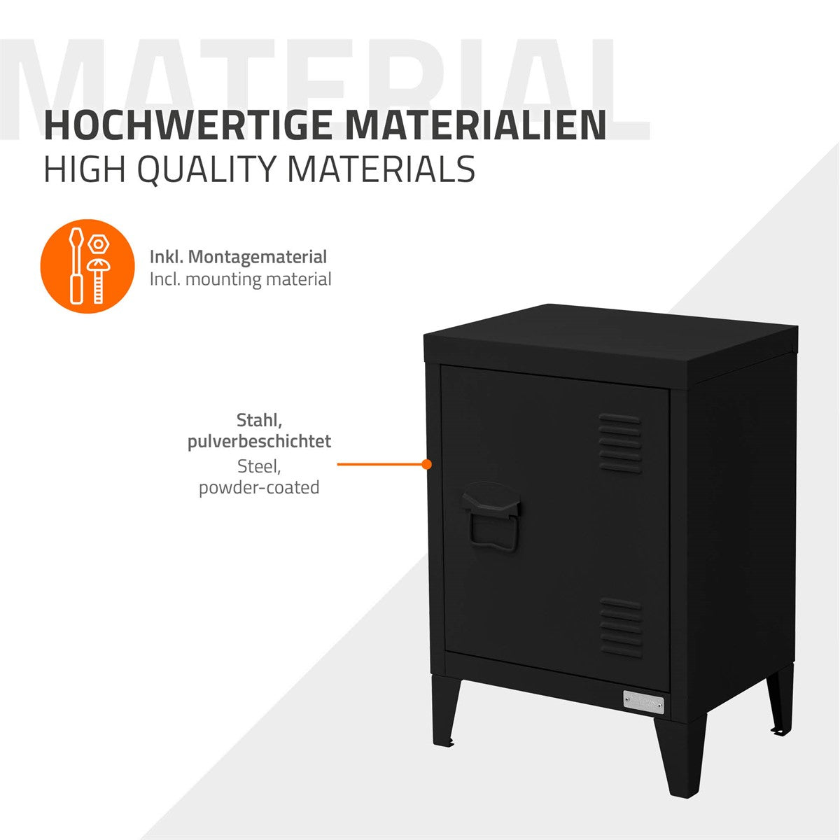 Schwarzer Aktenschrank aus pulverbeschichtetem Stahl.