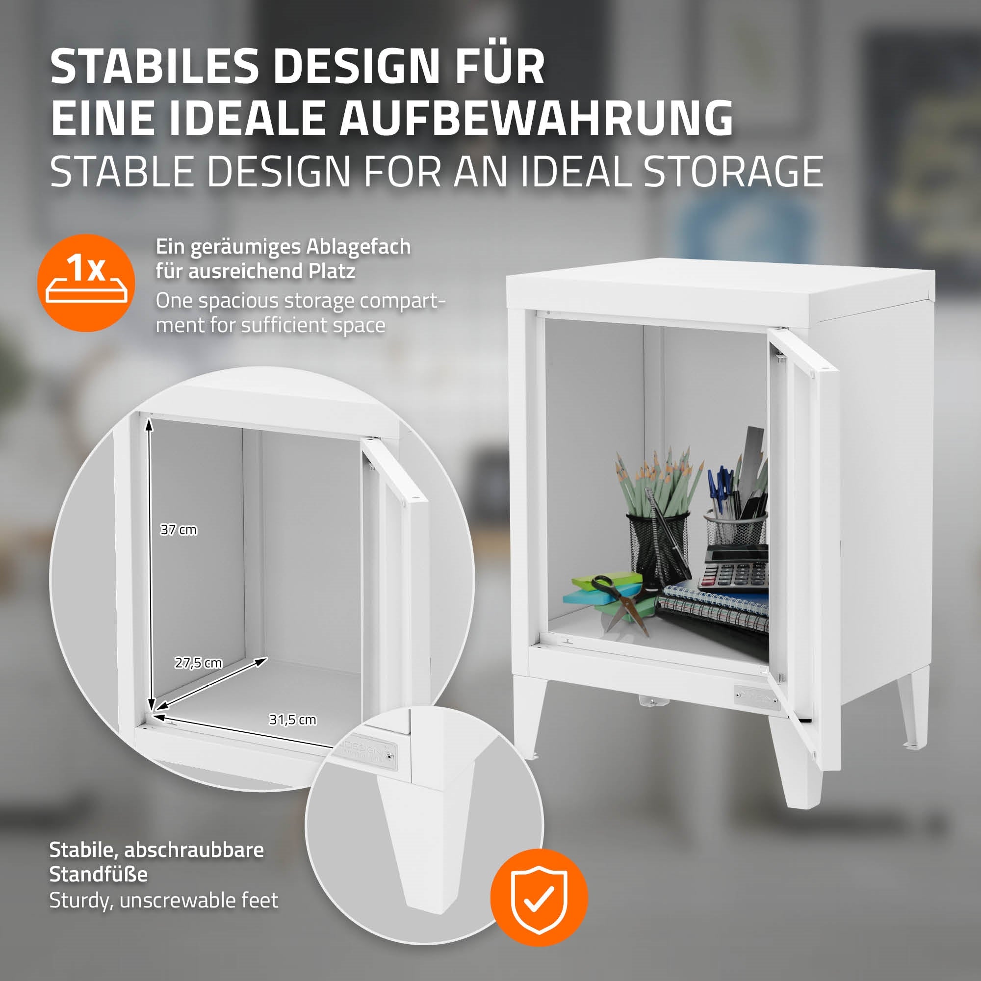 Armoire blanche avec des portes ouvertes et des fournitures de bureau sur une étagère.