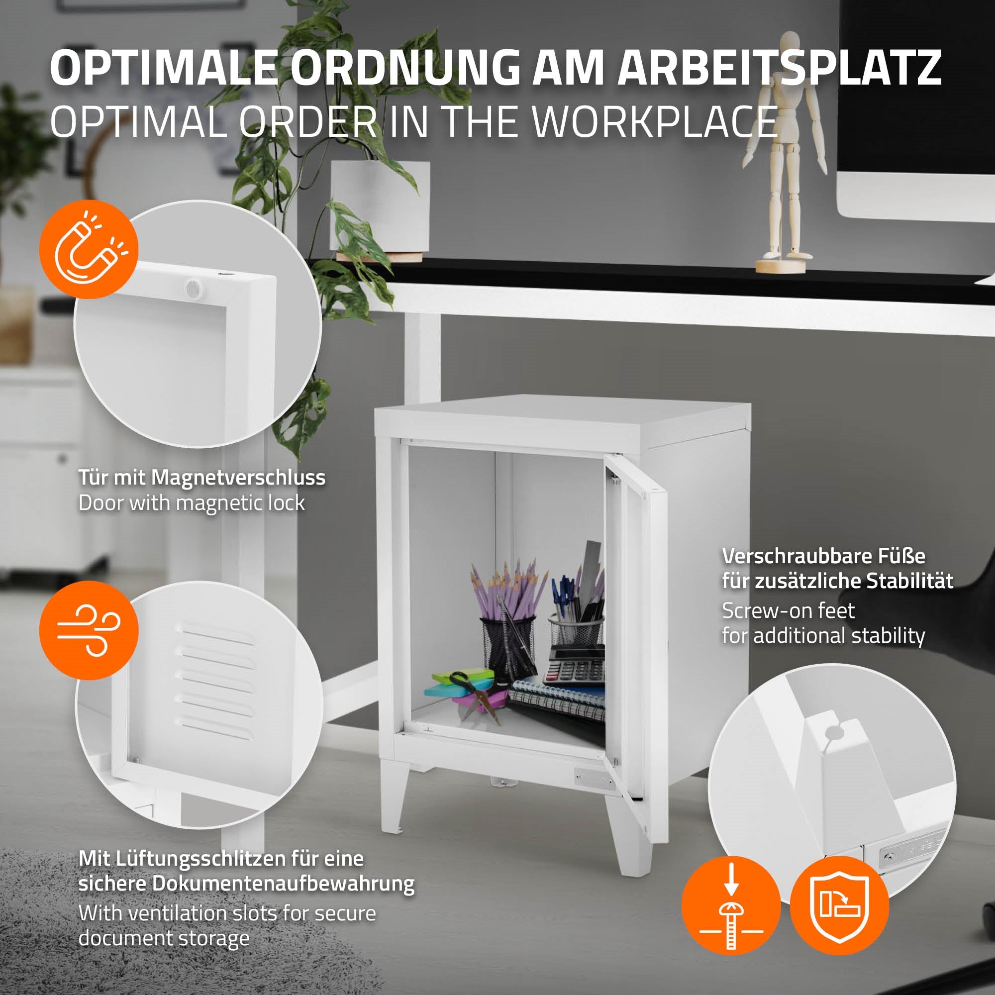 Armoire blanche avec une porte et une fermeture magnétique, ouverte.