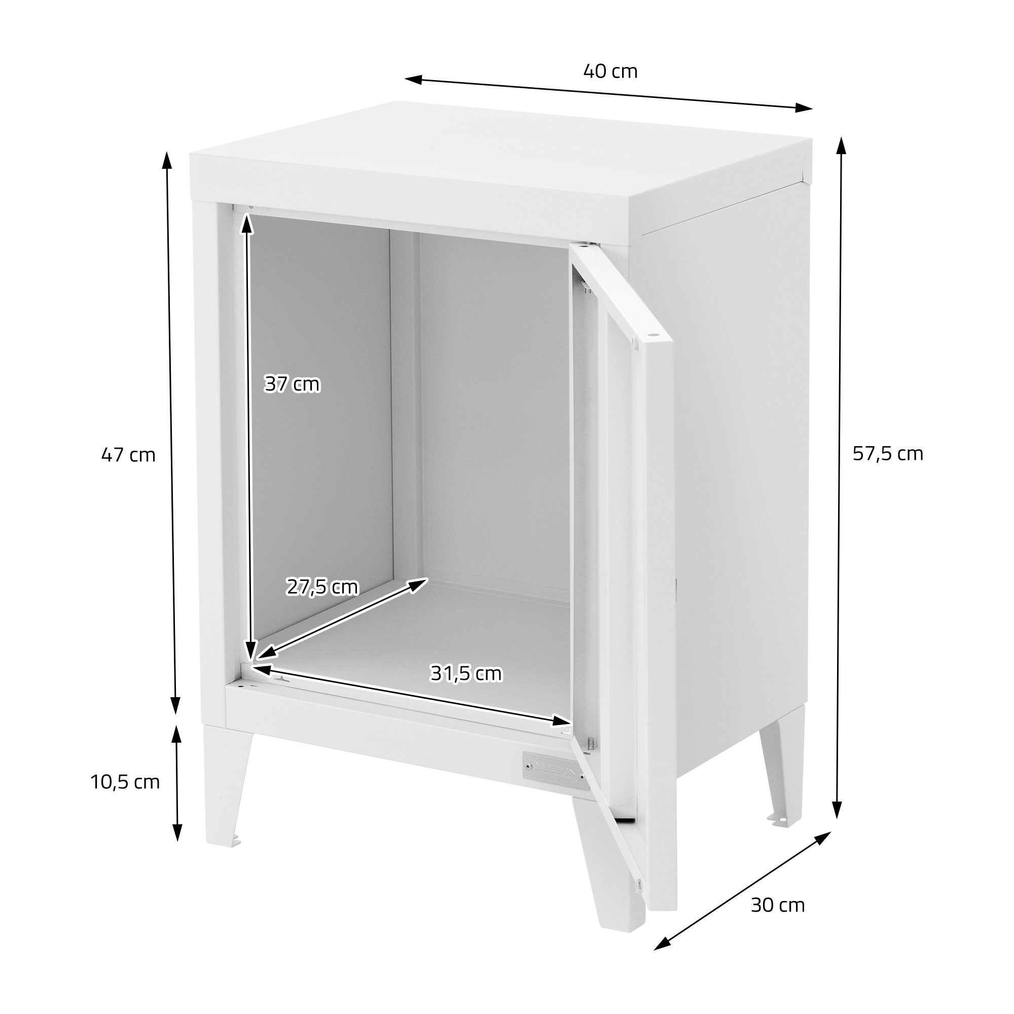 Dessin technique d'une armoire blanche avec des portes ouvertes et des dimensions intérieures.