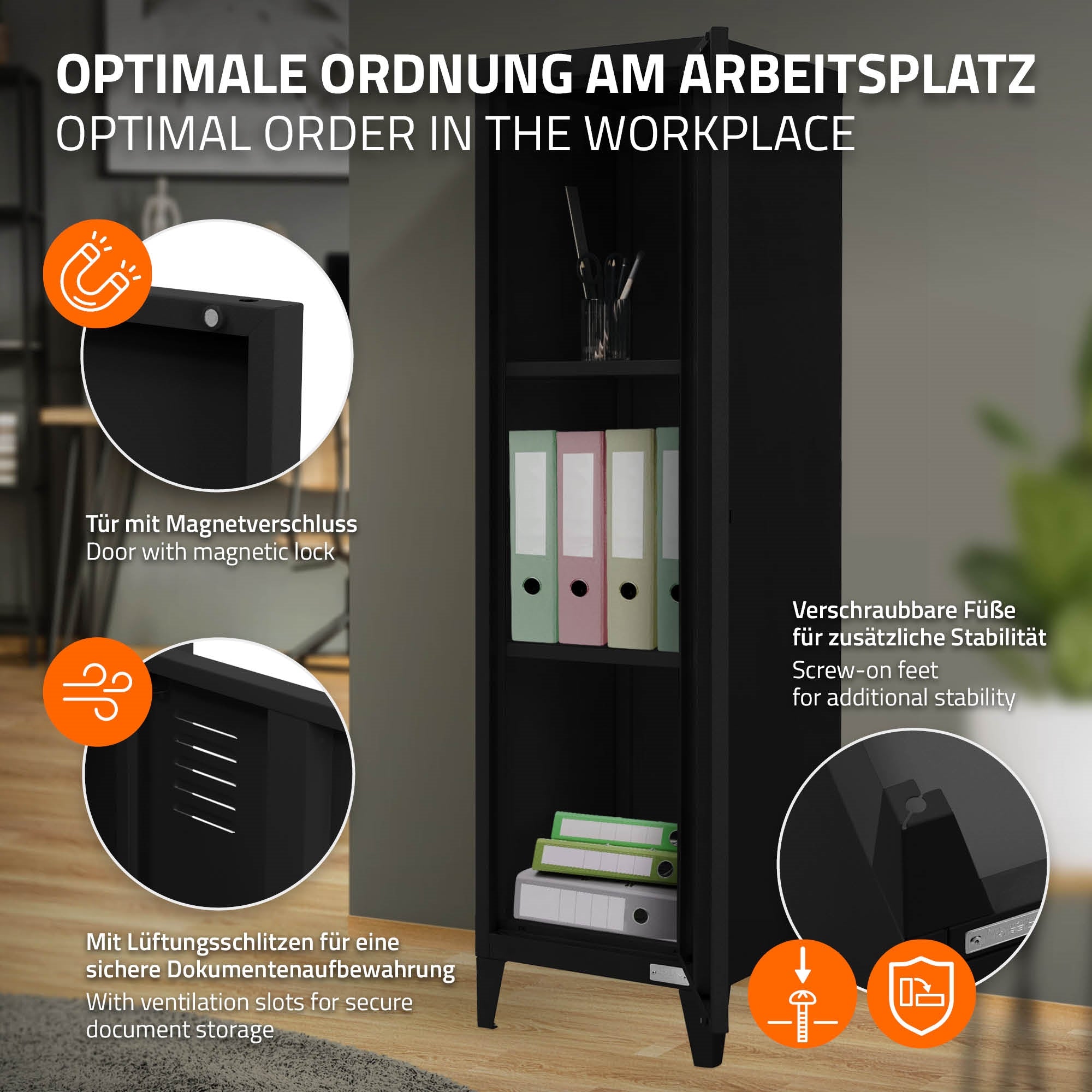 Armadio nero con chiusura magnetica e piedi stabili, mostra un sistema di ordinamento.