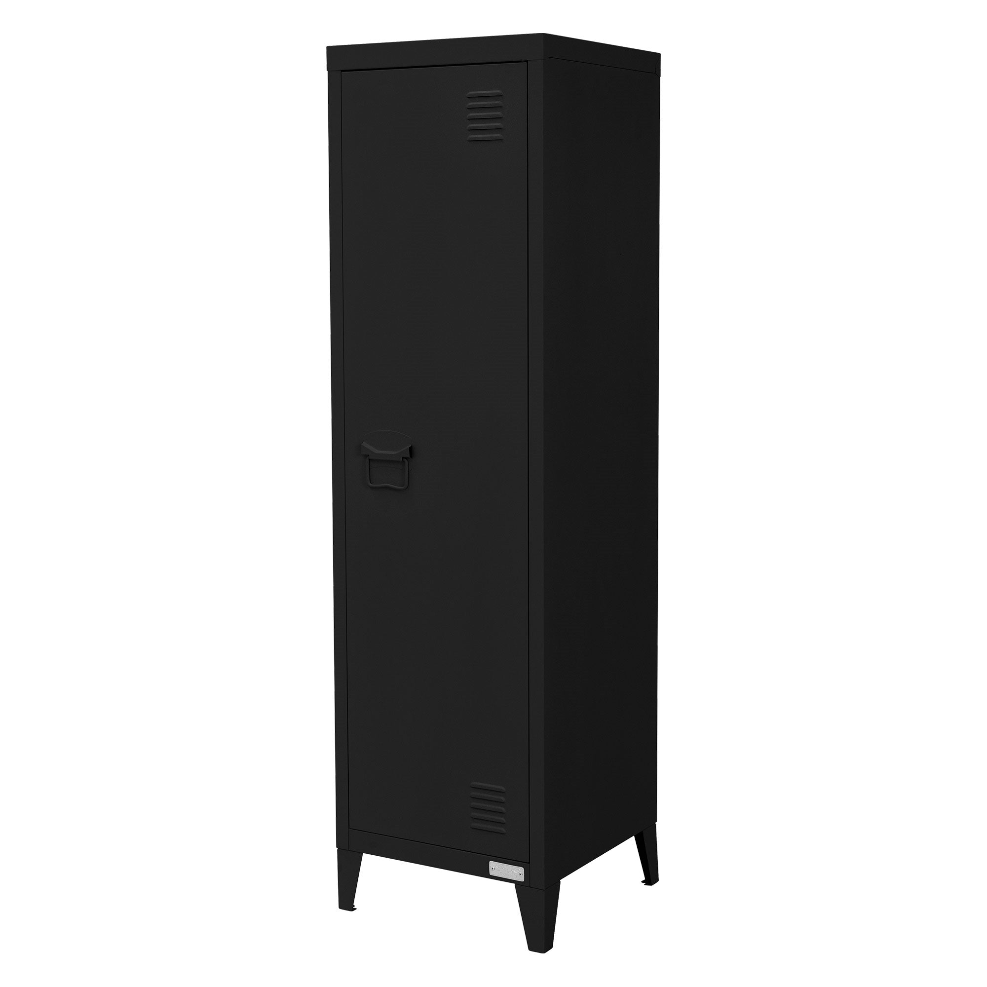 Armadio per documenti nero e stretto con maniglia e fessure di ventilazione.