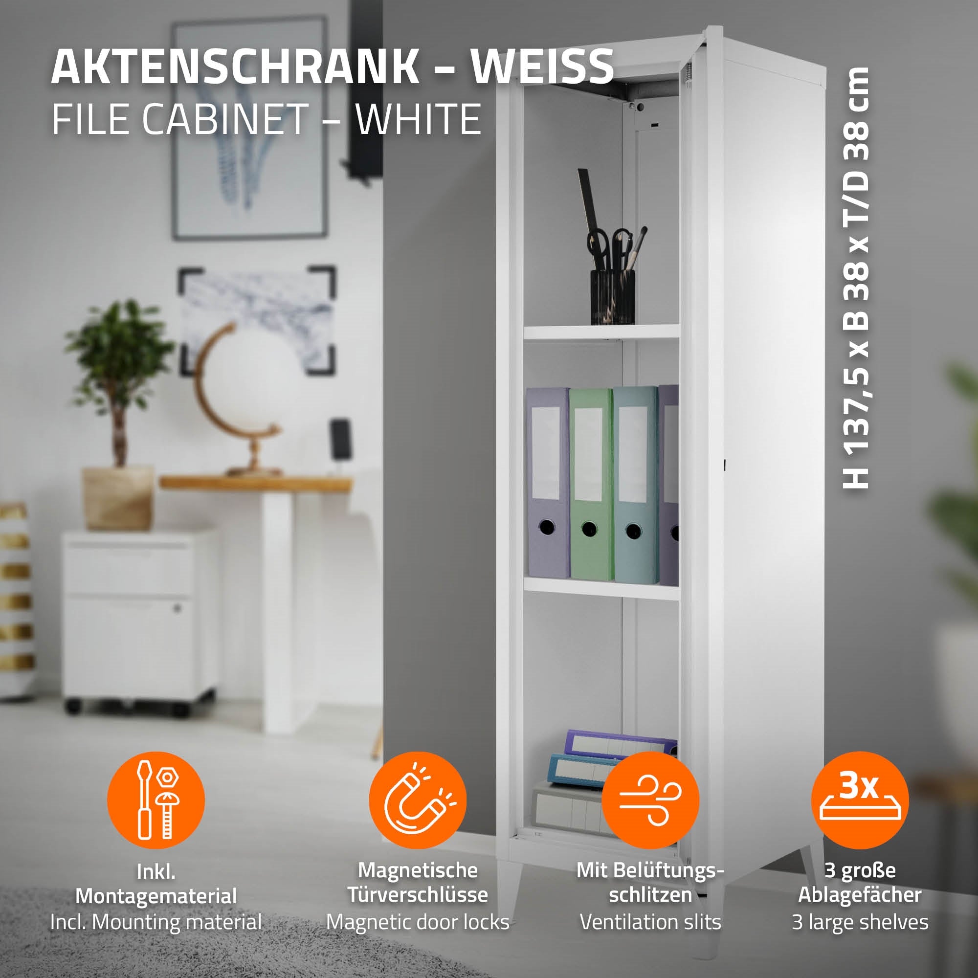 Witte archiefkast met open vakken en magnetische deursloten.