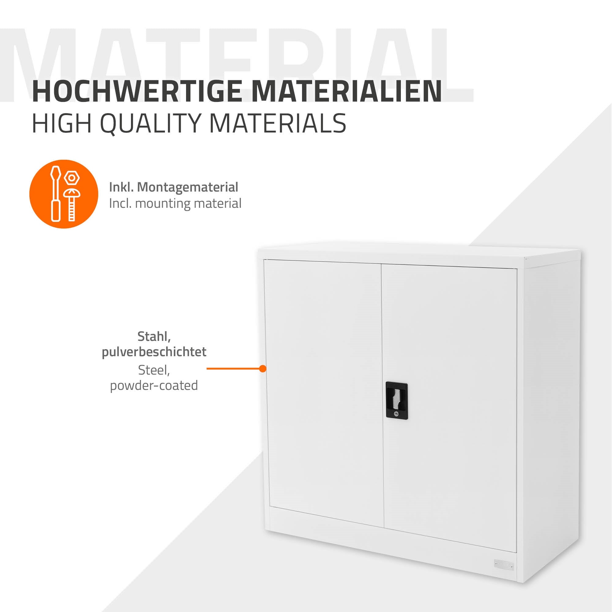 Witte archiefkast met gesloten deuren en beschrijving van de materialen.
