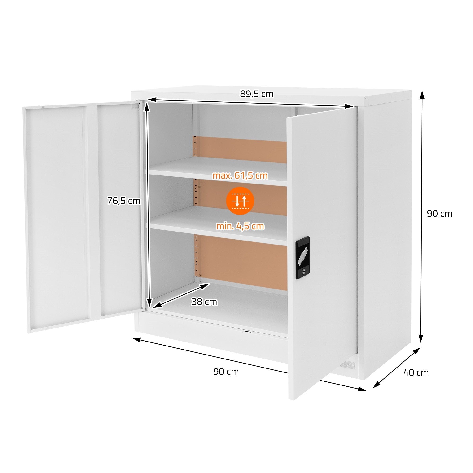 Witte archiefkast met open deuren, maatgegevens en drie planken.