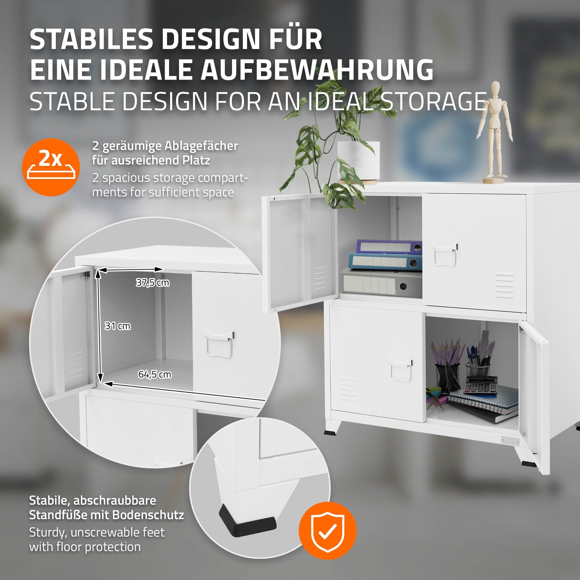 Graphic with information about a white cabinet and its dimensions.